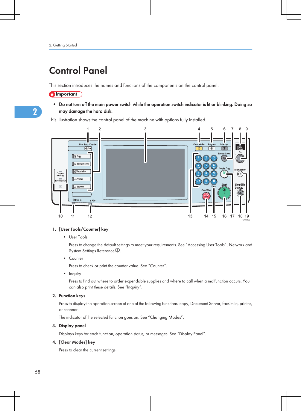 Control PanelThis section introduces the names and functions of the components on the control panel.• Do not turn off the main power switch while the operation switch indicator is lit or blinking. Doing somay damage the hard disk.This illustration shows the control panel of the machine with options fully installed.CAS0021. [User Tools/Counter] key• User ToolsPress to change the default settings to meet your requirements. See “Accessing User Tools”, Network andSystem Settings Reference .• CounterPress to check or print the counter value. See “Counter”.• InquiryPress to find out where to order expendable supplies and where to call when a malfunction occurs. Youcan also print these details. See “Inquiry”.2. Function keysPress to display the operation screen of one of the following functions: copy, Document Server, facsimile, printer,or scanner.The indicator of the selected function goes on. See “Changing Modes”.3. Display panelDisplays keys for each function, operation status, or messages. See “Display Panel”.4. [Clear Modes] keyPress to clear the current settings.2. Getting Started682