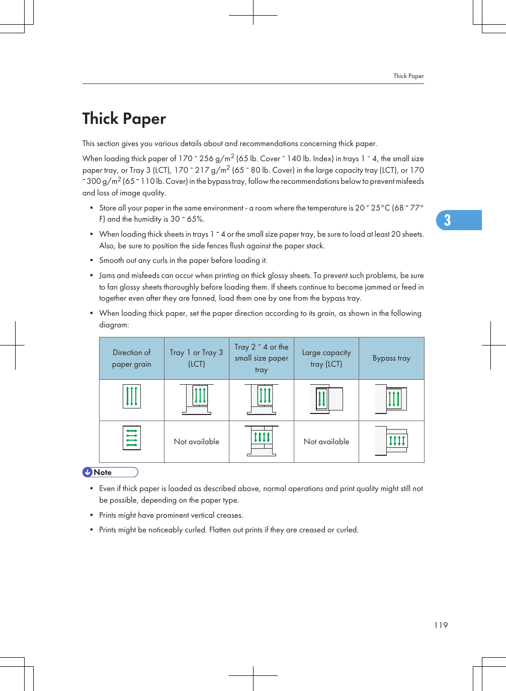 Thick PaperThis section gives you various details about and recommendations concerning thick paper.When loading thick paper of 170   256 g/m2 (65 lb. Cover   140 lb. Index) in trays 1   4, the small sizepaper tray, or Tray 3 (LCT), 170   217 g/m2 (65   80 lb. Cover) in the large capacity tray (LCT), or 170 300 g/m2 (65   110 lb. Cover) in the bypass tray, follow the recommendations below to prevent misfeedsand loss of image quality.• Store all your paper in the same environment - a room where the temperature is 20   25°C (68   77°F) and the humidity is 30   65%.• When loading thick sheets in trays 1   4 or the small size paper tray, be sure to load at least 20 sheets.Also, be sure to position the side fences flush against the paper stack.• Smooth out any curls in the paper before loading it.• Jams and misfeeds can occur when printing on thick glossy sheets. To prevent such problems, be sureto fan glossy sheets thoroughly before loading them. If sheets continue to become jammed or feed intogether even after they are fanned, load them one by one from the bypass tray.• When loading thick paper, set the paper direction according to its grain, as shown in the followingdiagram:Direction ofpaper grainTray 1 or Tray 3(LCT)Tray 2   4 or thesmall size papertrayLarge capacitytray (LCT) Bypass trayNot available Not available• Even if thick paper is loaded as described above, normal operations and print quality might still notbe possible, depending on the paper type.• Prints might have prominent vertical creases.• Prints might be noticeably curled. Flatten out prints if they are creased or curled.Thick Paper1193