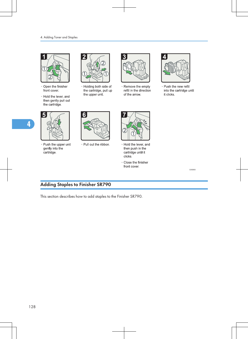 CAS063Adding Staples to Finisher SR790This section describes how to add staples to the Finisher SR790.4. Adding Toner and Staples1284