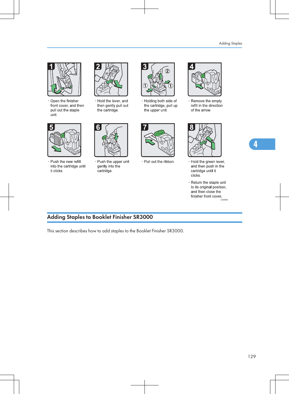 CAS064Adding Staples to Booklet Finisher SR3000This section describes how to add staples to the Booklet Finisher SR3000.Adding Staples1294