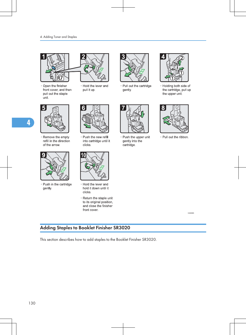 CAS065Adding Staples to Booklet Finisher SR3020This section describes how to add staples to the Booklet Finisher SR3020.4. Adding Toner and Staples1304