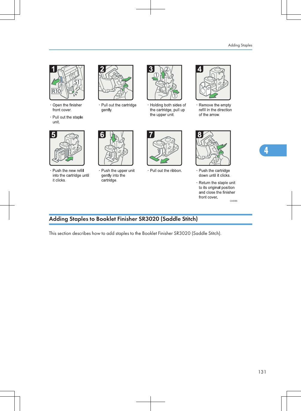 CAS066Adding Staples to Booklet Finisher SR3020 (Saddle Stitch)This section describes how to add staples to the Booklet Finisher SR3020 (Saddle Stitch).Adding Staples1314