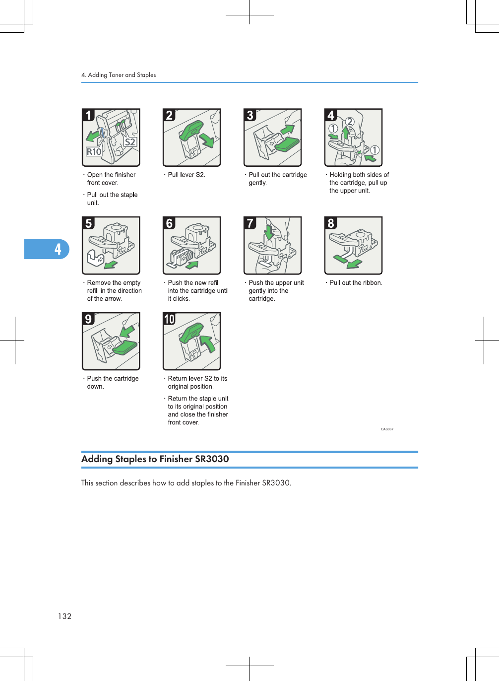 CAS067Adding Staples to Finisher SR3030This section describes how to add staples to the Finisher SR3030.4. Adding Toner and Staples1324