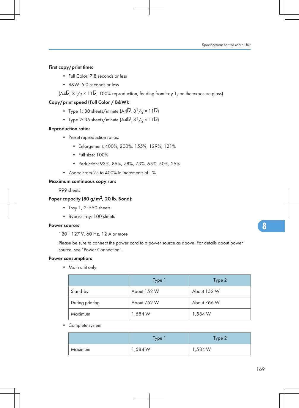 First copy/print time:• Full Color: 7.8 seconds or less• B&amp;W: 5.0 seconds or less(A4 , 81/2 × 11 , 100% reproduction, feeding from tray 1, on the exposure glass)Copy/print speed (Full Color / B&amp;W):• Type 1: 30 sheets/minute (A4 , 81/2 × 11 )• Type 2: 35 sheets/minute (A4 , 81/2 × 11 )Reproduction ratio:• Preset reproduction ratios:• Enlargement: 400%, 200%, 155%, 129%, 121%• Full size: 100%• Reduction: 93%, 85%, 78%, 73%, 65%, 50%, 25%• Zoom: From 25 to 400% in increments of 1%Maximum continuous copy run:999 sheetsPaper capacity (80 g/m2, 20 lb. Bond):• Tray 1, 2: 550 sheets• Bypass tray: 100 sheetsPower source:120   127 V, 60 Hz, 12 A or morePlease be sure to connect the power cord to a power source as above. For details about powersource, see “Power Connection”.Power consumption:• Main unit onlyType 1 Type 2Stand-by About 152 W About 152 WDuring printing About 752 W About 766 WMaximum 1,584 W 1,584 W• Complete systemType 1 Type 2Maximum 1,584 W 1,584 WSpecifications for the Main Unit1698