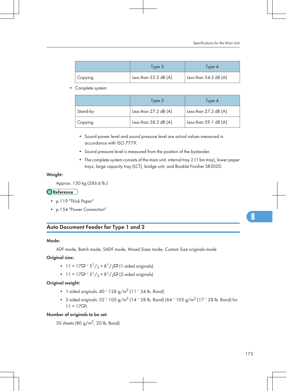 Type 3 Type 4Copying Less than 53.2 dB (A) Less than 54.5 dB (A)• Complete systemType 3 Type 4Stand-by Less than 27.2 dB (A) Less than 27.5 dB (A)Copying Less than 58.2 dB (A) Less than 59.1 dB (A)• Sound power level and sound pressure level are actual values measured inaccordance with ISO 7779.• Sound pressure level is measured from the position of the bystander.• The complete system consists of the main unit, internal tray 2 (1 bin tray), lower papertrays, large capacity tray (LCT), bridge unit, and Booklet Finisher SR3020.Weight:Approx. 130 kg (286.6 lb.)• p.119 &quot;Thick Paper&quot;• p.154 &quot;Power Connection&quot;Auto Document Feeder for Type 1 and 2Mode:ADF mode, Batch mode, SADF mode, Mixed Sizes mode, Custom Size originals modeOriginal size:• 11 × 17    51/2 × 81/2 (1-sided originals)• 11 × 17    51/2 × 81/2 (2-sided originals)Original weight:• 1-sided originals: 40   128 g/m2 (11   34 lb. Bond)• 2-sided originals: 52   105 g/m2 (14   28 lb. Bond) (64   105 g/m2 (17   28 lb. Bond) for11 × 17 )Number of originals to be set:50 sheets (80 g/m2, 20 lb. Bond)Specifications for the Main Unit1758