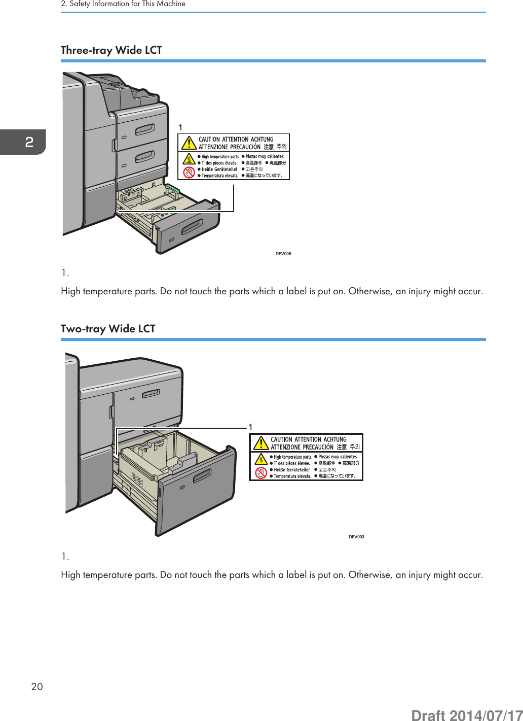 Three-tray Wide LCTDFV00811.High temperature parts. Do not touch the parts which a label is put on. Otherwise, an injury might occur.Two-tray Wide LCT1DFV0031.High temperature parts. Do not touch the parts which a label is put on. Otherwise, an injury might occur.2. Safety Information for This Machine20Draft 2014/07/17