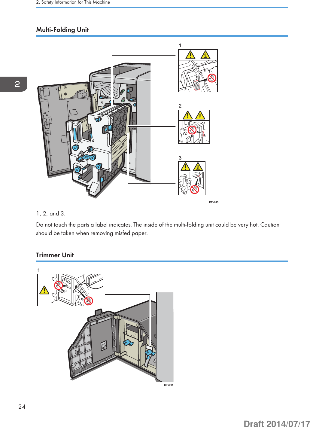 Multi-Folding Unit123DFV0131, 2, and 3.Do not touch the parts a label indicates. The inside of the multi-folding unit could be very hot. Cautionshould be taken when removing misfed paper.Trimmer Unit1DFV0142. Safety Information for This Machine24Draft 2014/07/17