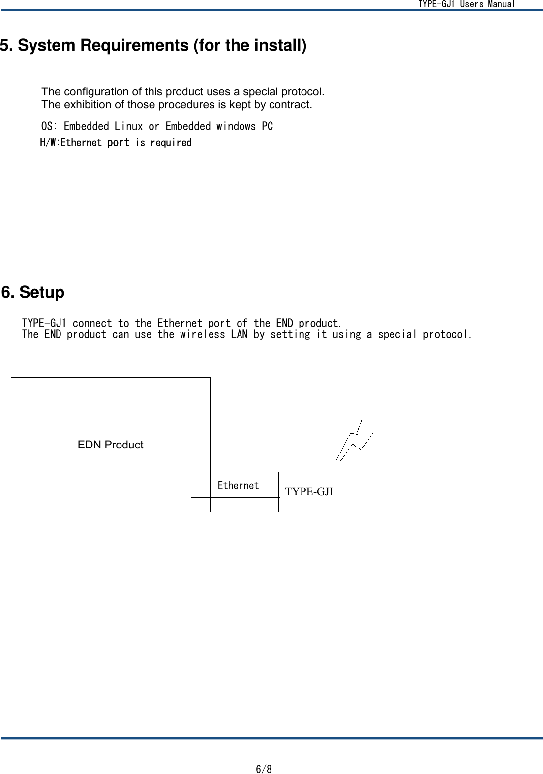   TYPE-GJ1 Users Manual 5. System Requirements (for the install)   OS: Embedded Linux or Embedded windows PC H/W:Ethernet port is required  6. Setup  TYPE-GJ1 connect to the Ethernet port of the END product.The END product can use the wireless LAN by setting it using a special protocol. 6/8 The configuration of this product uses a special protocol.The exhibition of those procedures is kept by contract.H/W:Ethernet port is requiredEDN ProductTYPE-GJIEthernet 