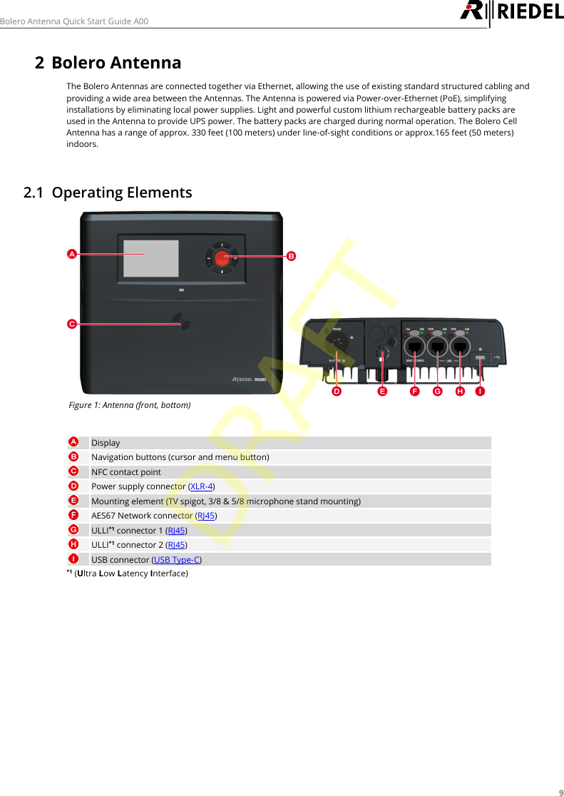 9Bolero Antenna Quick Start Guide A002Bolero AntennaThe Bolero Antennas are connected together via Ethernet, allowing the use of existing standard structured cabling andproviding a wide area between the Antennas. The Antenna is powered via Power-over-Ethernet (PoE), simplifyinginstallations by eliminating local power supplies. Light and powerful custom lithium rechargeable battery packs areused in the Antenna to provide UPS power. The battery packs are charged during normal operation. The Bolero CellAntenna has a range of approx. 330 feet (100 meters) under line-of-sight conditions or approx.165 feet (50 meters)indoors.2.1 Operating ElementsFigure 1: Antenna (front, bottom)DisplayNavigation buttons (cursor and menu button)NFC contact pointPower supply connector (XLR-4)Mounting element (TV spigot, 3/8 &amp; 5/8 microphone stand mounting)AES67 Network connector (RJ45)ULLI*1 connector 1 (RJ45)ULLI*1 connector 2 (RJ45)USB connector (USB Type-C)*1 (Ultra Low Latency Interface)DRAFT