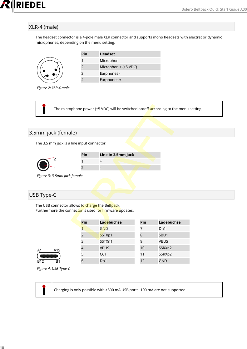 10Bolero Beltpack Quick Start Guide A00XLR-4 (male)The headset connector is a 4-pole male XLR connector and supports mono headsets with electret or dynamicmicrophones, depending on the menu setting.1234PinHeadset1Microphon -2Microphon + (+5 VDC)3Earphones -4Earphones +Figure 2: XLR 4 maleThe microphone power (+5 VDC) will be switched on/off according to the menu setting.3.5mm jack (female)The 3.5 mm jack is a line input connector.21PinLine In 3.5mm jack1+2-Figure 3: 3.5mm jack femaleUSB Type-CThe USB connector allows to charge the Beltpack.Furthermore the connector is used for firmware updates.A1 A12B12 B1PinLadebuchsePinLadebuchse1GND7Dn12SSTXp18SBU13SSTXn19VBUS4VBUS10SSRXn25CC111SSRXp26Dp112GNDFigure 4: USB Type-CCharging is only possible with >500 mA USB ports. 100 mA are not supported.DRAFT