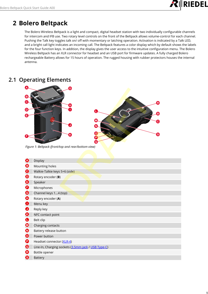 9Bolero Beltpack Quick Start Guide A002Bolero BeltpackThe Bolero Wireless Beltpack is a light and compact, digital headset station with two individually configurable channelsfor intercom and IFB use. Two rotary level controls on the front of the Beltpack allows volume-control for each channel.Pushing the Talk key toggles talk on/ off with momentary or latching operation. Activation is indicated by a Talk LED,and a bright call light indicates an incoming call. The Beltpack features a color display which by default shows the labelsfor the four function keys. In addition, the display gives the user access to the intuitive configuration menu. The BoleroWireless Beltpack has an XLR connector for headset and an USB port for firmware updates. A fully charged Bolerorechargeable Battery allows for 15 hours of operation. The rugged housing with rubber protectors houses the internalantenna.2.1 Operating ElementsFigure 1: Beltpack (front/top and rear/bottom view)DisplayMounting holesWalkie-Talkie keys 5+6 (side)Rotary encoder (B)SpeakerMicrophonesChannel keys 1...4 (top)Rotary encoder (A)Menu keyReply keyNFC contact pointBelt clipCharging contactsBattery release buttonPower buttonHeadset connector (XLR-4)Line-In, Charging sockets (3.5mm jack / USB Type-C)Bottle openerBatteryDRAFT