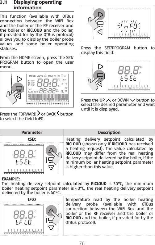 763.11  Displaying operating information This  function  (available  with  OTBus connection  between  the  WiFi  Box and the boiler or the RF receiver and the boiler or RiCLOUD and the boiler, if provided for by the OTBus protocol) allows you to display the boiler probe values and some boiler operating statuses.From the HOME screen, press the SET/PROGRAM  button  to  open  the  user menu.Press the FORWARD   or BACK   button to select the eld InFO.Press  the  SET/PROGRAM  button  to display this eld.Press the UP   or DOWN   button to select the desired parameter and wait until it is displayed.Parameter DescriptiontSEt Heating delivery setpoint calculated by RiCLOUD (shown only if RiCLOUD has received a heating  request). The value  calculated by RiCLOUD  may  differ  from  the  real  heating delivery setpoint delivered by the boiler, if the minimum boiler heating setpoint parameter is higher than this value. EXAMPLE:The  heating  delivery  setpoint  calculated  by RiCLOUD is  30°C,  the minimum boiler heating setpoint parameter is 40°C, the real heating delivery setpoint delivered by the boiler is 40°C.tFLO Temperature  read  by  the  boiler  heating delivery  probe  (available  with  OTBus connection  between  the  WiFi  Box  and  the boiler  or  the  RF  receiver  and  the  boiler  or RiCLOUD and the boiler, if provided for by the OTBus protocol).