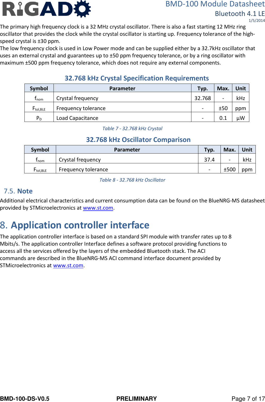 BMD-100 Module Datasheet Bluetooth 4.1 LE 1/5/2014 BMD-100-DS-V0.5  PRELIMINARY  Page 7 of 17 The primary high frequency clock is a 32 MHz crystal oscillator. There is also a fast starting 12 MHz ring oscillator that provides the clock while the crystal oscillator is starting up. Frequency tolerance of the high-speed crystal is ±30 ppm. The low frequency clock is used in Low Power mode and can be supplied either by a 32.7kHz oscillator that uses an external crystal and guarantees up to ±50 ppm frequency tolerance, or by a ring oscillator with maximum ±500 ppm frequency tolerance, which does not require any external components.    32.768 kHz Crystal Specification Requirements Symbol Parameter Typ. Max. Unit fnom Crystal frequency 32.768 - kHz Ftol,BLE Frequency tolerance - ±50 ppm PD Load Capacitance - 0.1 μW Table 7 - 32.768 kHz Crystal 32.768 kHz Oscillator Comparison Symbol Parameter Typ. Max. Unit fnom Crystal frequency 37.4 - kHz Ftol,BLE Frequency tolerance - ±500 ppm Table 8 - 32.768 kHz Oscillator 7.5. Note Additional electrical characteristics and current consumption data can be found on the BlueNRG-MS datasheet provided by STMicroelectronics at www.st.com.  8. Application controller interface The application controller interface is based on a standard SPI module with transfer rates up to 8 Mbits/s. The application controller Interface defines a software protocol providing functions to access all the services offered by the layers of the embedded Bluetooth stack. The ACI commands are described in the BlueNRG-MS ACI command interface document provided by STMicroelectronics at www.st.com.    