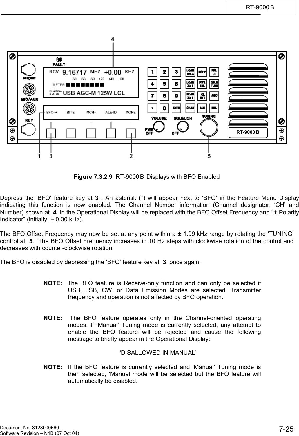    Document No. 8128000560    Software Revision &ndash; N1B (07 Oct 04)  7-25RT-9000 B      Figure 7.3.2.9  RT-9000 B  Displays with BFO Enabled   Depress the &lsquo;BFO&rsquo; feature key at 3 . An asterisk (*) will appear next to &lsquo;BFO&rsquo; in the Feature Menu Display indicating this function is now enabled. The Channel Number information (Channel designator, &lsquo;CH&rsquo; and Number) shown at  4  in the Operational Display will be replaced with the BFO Offset Frequency and &ldquo;&plusmn; Polarity Indicator&rdquo; (initially: + 0.00 kHz).  The BFO Offset Frequency may now be set at any point within a &plusmn; 1.99 kHz range by rotating the &lsquo;TUNING&rsquo; control at  5.  The BFO Offset Frequency increases in 10 Hz steps with clockwise rotation of the control and decreases with counter-clockwise rotation.  The BFO is disabled by depressing the &lsquo;BFO&rsquo; feature key at  3  once again.   NOTE:  The BFO feature is Receive-only function and can only be selected if USB, LSB, CW, or Data Emission Modes are selected. Transmitter frequency and operation is not affected by BFO operation.   NOTE:  The BFO feature operates only in the Channel-oriented operating modes. If &lsquo;Manual&rsquo; Tuning mode is currently selected, any attempt to enable the BFO feature will be rejected and cause the following message to briefly appear in the Operational Display:    &lsquo;DISALLOWED IN MANUAL&rsquo;  NOTE:  If the BFO feature is currently selected and &lsquo;Manual&rsquo; Tuning mode is then selected, &lsquo;Manual mode will be selected but the BFO feature will automatically be disabled. *RT-9000 B  