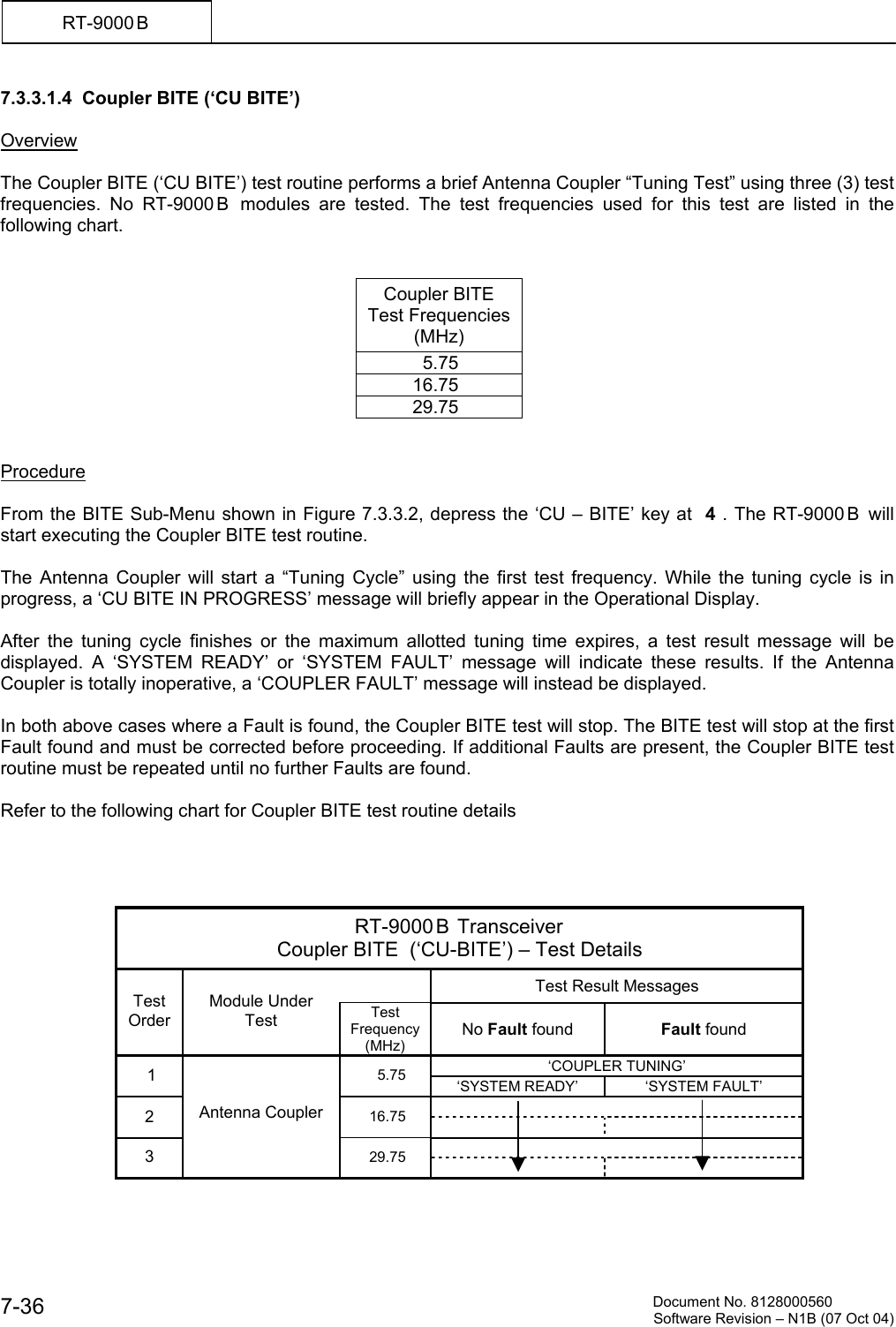          Document No. 8128000560  Software Revision &ndash; N1B (07 Oct 04) 7-36 RT-9000 B  7.3.3.1.4  Coupler BITE (&lsquo;CU BITE&rsquo;)  Overview  The Coupler BITE (&lsquo;CU BITE&rsquo;) test routine performs a brief Antenna Coupler &ldquo;Tuning Test&rdquo; using three (3) test frequencies. No RT-9000 B  modules are tested. The test frequencies used for this test are listed in the following chart.   Coupler BITE  Test Frequencies (MHz)            5.75          16.75          29.75   Procedure  From the BITE Sub-Menu shown in Figure 7.3.3.2, depress the &lsquo;CU &ndash; BITE&rsquo; key at  4 . The RT-9000 B  will start executing the Coupler BITE test routine.  The Antenna Coupler will start a &ldquo;Tuning Cycle&rdquo; using the first test frequency. While the tuning cycle is in progress, a &lsquo;CU BITE IN PROGRESS&rsquo; message will briefly appear in the Operational Display.  After the tuning cycle finishes or the maximum allotted tuning time expires, a test result message will be displayed. A &lsquo;SYSTEM READY&rsquo; or &lsquo;SYSTEM FAULT&rsquo; message will indicate these results. If the Antenna Coupler is totally inoperative, a &lsquo;COUPLER FAULT&rsquo; message will instead be displayed.  In both above cases where a Fault is found, the Coupler BITE test will stop. The BITE test will stop at the first Fault found and must be corrected before proceeding. If additional Faults are present, the Coupler BITE test routine must be repeated until no further Faults are found.  Refer to the following chart for Coupler BITE test routine details     RT-9000 B  Transceiver Coupler BITE  (&lsquo;CU-BITE&rsquo;) &ndash; Test Details   Test Result Messages Test Order Module Under Test  Test Frequency (MHz) No Fault found  Fault found &lsquo;COUPLER TUNING&rsquo;  1  5.75   &lsquo;SYSTEM READY&rsquo;  &lsquo;SYSTEM FAULT&rsquo;  2  16.75     3 Antenna Coupler 29.75     