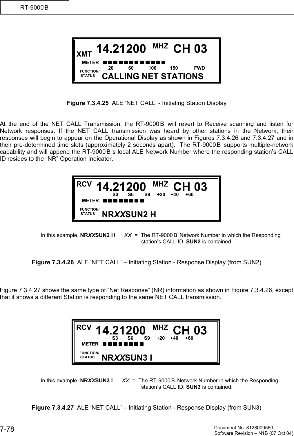          Document No. 8128000560  Software Revision &ndash; N1B (07 Oct 04) 7-78 RT-9000 B            Figure 7.3.4.25  ALE &lsquo;NET CALL&rsquo; - Initiating Station Display   At the end of the NET CALL Transmission, the RT-9000 B  will revert to Receive scanning and listen for Network responses. If the NET CALL transmission was heard by other stations in the Network, their responses will begin to appear on the Operational Display as shown in Figures 7.3.4.26 and 7.3.4.27 and in their pre-determined time slots (approximately 2 seconds apart).  The RT-9000 B  supports multiple-network capability and will append the RT-9000 B &rsquo;s local ALE Network Number where the responding station&rsquo;s CALL ID resides to the &ldquo;NR&rdquo; Operation Indicator.           In this example, NRXXSUN2 H      XX  =  The RT-9000 B  Network Number in which the Responding   station&rsquo;s CALL ID, SUN2 is contained.   Figure 7.3.4.26  ALE &lsquo;NET CALL&rsquo; &ndash; Initiating Station - Response Display (from SUN2)    Figure 7.3.4.27 shows the same type of &ldquo;Net Response&rdquo; (NR) information as shown in Figure 7.3.4.26, except that it shows a different Station is responding to the same NET CALL transmission.            In this example, NRXXSUN3 I      XX  =  The RT-9000 B  Network Number in which the Responding   station&rsquo;s CALL ID, SUN3 is contained.   Figure 7.3.4.27  ALE &lsquo;NET CALL&rsquo; &ndash; Initiating Station - Response Display (from SUN3)  RCV MHZ  FUNCTION/     STATUS CH 0314.21200NRXXSUN2 H METER      S3       S6        S9     +20    +40     +60   RCV MHZ  FUNCTION/     STATUS CH 0314.21200NRXXSUN3 I METER      S3       S6        S9     +20    +40     +60  20         60           100           150            FWD         RCV MHZ  FUNCTION/     STATUS CH 0314.21200CALLING NET STATIONSXMT METER      S3       S6        S9     +20    +40     +60 20           60           100          150            FWD 