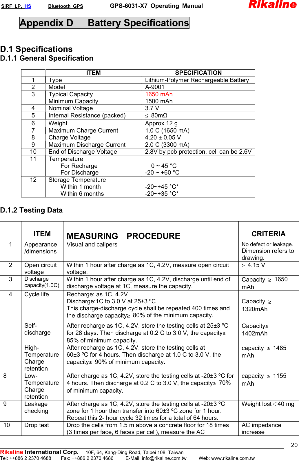 SiRF LP, HS       Bluetooth GPS           GPS-6031-X7 Operating Manual               Rikaline  Rikaline International Corp.          10F, 64, Kang-Ding Road, Taipei 108, Taiwan Tel: ++886 2 2370 4688    Fax: ++886 2 2370 4686     E-Mail: info@rikaline.com.tw     Web: www.rikaline.com.tw 20Appendix D   Battery Specifications  D.1 Specifications D.1.1 General Specification   ITEM  SPECIFICATION 1  Type  Lithium-Polymer Rechargeable Battery 2 Model  A-9001 3 Typical Capacity Minimum Capacity 1650 mAh 1500 mAh 4  Nominal Voltage  3.7 V 5  Internal Resistance (packed)  ≤80mΩ 6  Weight  Approx 12 g 7  Maximum Charge Current  1.0 C (1650 mA) 8  Charge Voltage  4.20 ± 0.05 V 9  Maximum Discharge Current  2.0 C (3300 mA) 10  End of Discharge Voltage    2.8V by pcb protection, cell can be 2.6V   11 Temperature     For Recharge     For Discharge  0 ~ 45 °C -20 ~ +60 °C 12 Storage Temperature     Within 1 month     Within 6 months  -20~+45 °C* -20~+35 °C*  D.1.2 Testing Data    ITEM   MEASURING  PROCEDURE  CRITERIA 1 Appearance   /dimensions Visual and calipers  No defect or leakage. Dimension refers to drawing. 2 Open circuit  voltage Within 1 hour after charge as 1C, 4.2V, measure open circuit voltage. ≥4.15 V 3  Discharge capacity(1.0C) Within 1 hour after charge as 1C, 4.2V, discharge until end of discharge voltage at 1C, measure the capacity. Capacity  ≥1650 mAh 4  Cycle life    Recharge: as 1C, 4.2V Discharge:1C to 3.0 V at 25±3 ºC This charge-discharge cycle shall be repeated 400 times and the discharge capacity≥80% of the minimum capacity.  Capacity  ≥1320mAh  Self- discharge After recharge as 1C, 4.2V, store the testing cells at 25±3 ºC for 28 days. Then discharge at 0.2 C to 3.0 V, the capacity≥85% of minimum capacity. Capacity≥1402mAh  High- Temperature Charge retention After recharge as 1C, 4.2V, store the testing cells at 60±3 ºC for 4 hours. Then discharge at 1.0 C to 3.0 V, the capacity≥90% of minimum capacity. capacity  ≥1485 mAh  8 Low- Temperature Charge retention After charge as 1C, 4.2V, store the testing cells at -20±3 ºC for 4 hours. Then discharge at 0.2 C to 3.0 V, the capacity≥70% of minimum capacity. capacity  ≥1155 mAh  9 Leakage checking   After charge as 1C, 4.2V, store the testing cells at -20±3 ºC zone for 1 hour then transfer into 60±3 ºC zone for 1 hour. Repeat this 2- hour cycle 32 times for a total of 64 hours. Weight lost＜40 mg10  Drop test  Drop the cells from 1.5 m above a concrete floor for 18 times (3 times per face, 6 faces per cell), measure the AC AC impedance increase 