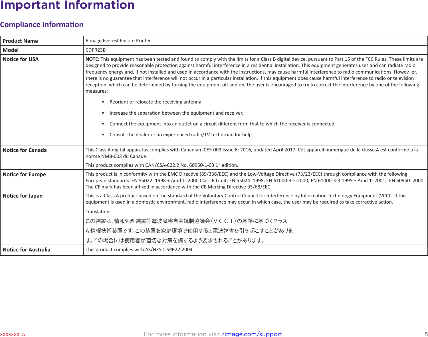 5Important InformationFor more information visit rimage.com/supportXXXXXXX_ACompliance InformaonProduct Name Rimage Everest Encore PrinterModel  CDPR23BNoce for USA NOTE: This equipment has been tested and found to comply with the limits for a Class B digital device, pursuant to Part 15 of the FCC Rules. These limits are designed to provide reasonable protecon against harmful interference in a residenal installaon. This equipment generates uses and can radiate radio frequency energy and, if not installed and used in accordance with the instrucons, may cause harmful interference to radio communicaons. Howev¬er, there is no guarantee that interference will not occur in a parcular installaon. If this equipment does cause harmful interference to radio or television recepon, which can be determined by turning the equipment o and on, the user is encouraged to try to correct the interference by one of the following measures:•  Reorient or relocate the receiving antenna.•  Increase the separaon between the equipment and receiver.•  Connect the equipment into an outlet on a circuit dierent from that to which the receiver is connected.•  Consult the dealer or an experienced radio/TV technician for help. Noce for Canada This Class A digital apparatus complies with Canadian ICES-003 Issue 6: 2016, updated April 2017. Cet appareil numerigue de la classe A est conforme a la norme NMB-003 du Canade.This product complies with CAN/CSA-C22.2 No. 60950-1-03 1st edition.Noce for Europe This product is in conformity with the EMC Direcve (89/336/EEC) and the Low-Voltage Direcve (73/23/EEC) through compliance with the following European standards: EN 55022: 1998 + Amd 1: 2000 Class B Limit; EN 55024: 1998; EN 61000-3-2:2000; EN 61000-3-3:1995 + Amd 1: 2001;  EN 60950: 2000. The CE mark has been axed in accordance with the CE Marking Direcve 93/68/EEC.Noce for Japan This is a Class A product based on the standard of the Voluntary Control Council for Interference by Informaon Technology Equipment (VCCI). If this equipment is used in a domesc environment, radio interference may occur, in which case, the user may be required to take correcve acon.Translaon:この装置は、情報処理装置等電波障害自主規制協議会（ＶＣＣＩ）の基準に基づくクラスA 情報技術装置です。この装置を家庭環境で使用すると電波妨害を引き起こすことがあります。この場合には使用者が適切な対策を講ずるよう要求されることがあります。Noce for Australia This product complies with AS/NZS CISPR22:2004.
