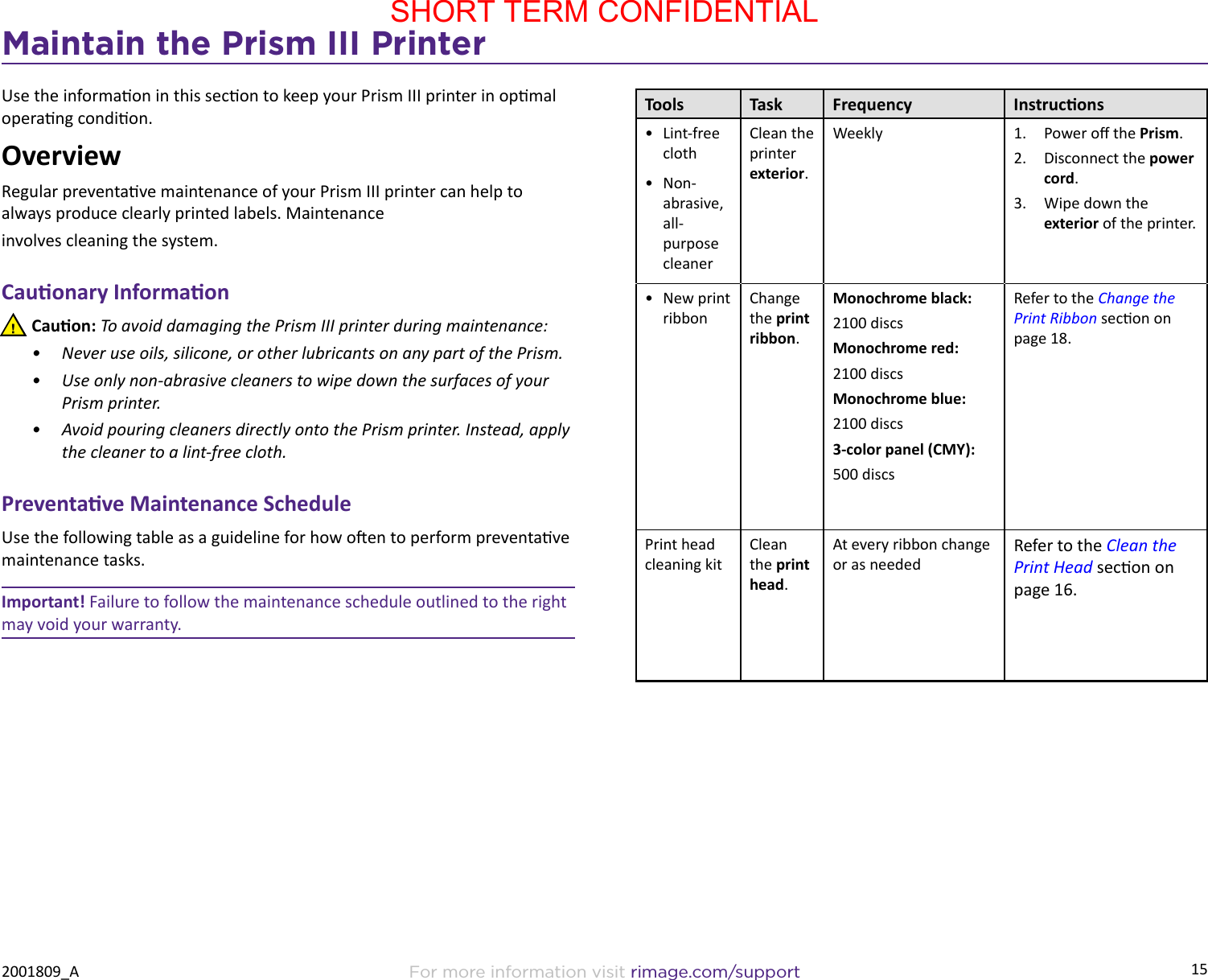 15Maintain the Prism III PrinterFor more information visit rimage.com/support2001809_AUse the informaon in this secon to keep your Prism III printer in opmal operang condion.OverviewRegular preventave maintenance of your Prism III printer can help to always produce clearly printed labels. Maintenanceinvolves cleaning the system.Cauonary Informaon nCauon: To avoid damaging the Prism III printer during maintenance:•  Never use oils, silicone, or other lubricants on any part of the Prism.•  Use only non-abrasive cleaners to wipe down the surfaces of your Prism printer.•  Avoid pouring cleaners directly onto the Prism printer. Instead, apply the cleaner to a lint-free cloth.Preventave Maintenance ScheduleUse the following table as a guideline for how oen to perform preventave maintenance tasks.Important! Failure to follow the maintenance schedule outlined to the right may void your warranty.Tools Task Frequency Instrucons•  Lint-free cloth•  Non-abrasive, all-purpose cleanerClean the printer exterior.Weekly 1.  Power o the Prism.2.  Disconnect the power cord.3.  Wipe down the exterior of the printer.•  New print ribbonChange the print ribbon. Monochrome black:2100 discsMonochrome red:2100 discsMonochrome blue:2100 discs3-color panel (CMY):500 discsRefer to the Change the Print Ribbon secon on page 18.Print head cleaning kitClean the print head. At every ribbon change or as neededRefer to the Clean the Print Head secon on page 16.SHORT TERM CONFIDENTIAL