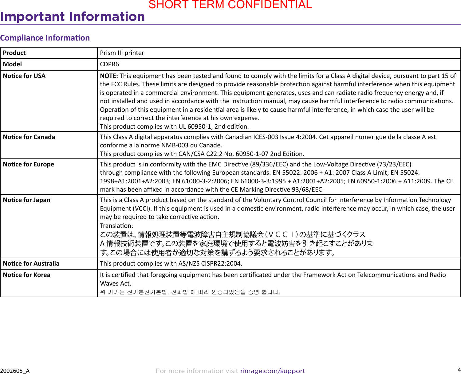 4Important InformationFor more information visit rimage.com/support2002605_ACompliance InformaonProduct Prism III printerModel CDPR6Noce for USA NOTE: This equipment has been tested and found to comply with the limits for a Class A digital device, pursuant to part 15 of the FCC Rules. These limits are designed to provide reasonable protecon against harmful interference when this equipment is operated in a commercial environment. This equipment generates, uses and can radiate radio frequency energy and, if not installed and used in accordance with the instrucon manual, may cause harmful interference to radio communicaons. Operaon of this equipment in a residenal area is likely to cause harmful interference, in which case the user will berequired to correct the interference at his own expense.This product complies with UL 60950-1, 2nd edion.Noce for Canada This Class A digital apparatus complies with Canadian ICES-003 Issue 4:2004. Cet appareil numerigue de la classe A est conforme a la norme NMB-003 du Canade.This product complies with CAN/CSA C22.2 No. 60950-1-07 2nd Edion. Noce for Europe This product is in conformity with the EMC Direcve (89/336/EEC) and the Low-Voltage Direcve (73/23/EEC) through compliance with the following European standards: EN 55022: 2006 + A1: 2007 Class A Limit; EN 55024: 1998+A1:2001+A2:2003; EN 61000-3-2:2006; EN 61000-3-3:1995 + A1:2001+A2:2005; EN 60950-1:2006 + A11:2009. The CE mark has been axed in accordance with the CE Marking Direcve 93/68/EEC.Noce for Japan This is a Class A product based on the standard of the Voluntary Control Council for Interference by Informaon Technology Equipment (VCCI). If this equipment is used in a domesc environment, radio interference may occur, in which case, the user may be required to take correcve acon.Translaon:この装置は、情報処理装置等電波障害自主規制協議会（ＶＣＣＩ）の基準に基づくクラスA 情報技術装置です。この装置を家庭環境で使用すると電波妨害を引き起こすことがあります。この場合には使用者が適切な対策を講ずるよう要求されることがあります。Noce for Australia This product complies with AS/NZS CISPR22:2004.Noce for Korea It is cered that foregoing equipment has been cercated under the Framework Act on Telecommunicaons and Radio Waves Act.위 기기는 전기통신기본법, 전파법 에 따라 인증되었음을 증명 합니다.SHORT TERM CONFIDENTIAL