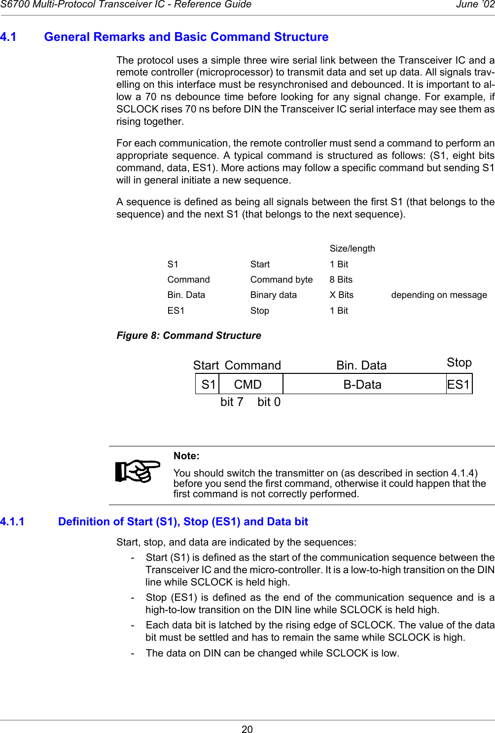 20S6700 Multi-Protocol Transceiver IC - Reference Guide June ’024.1 General Remarks and Basic Command StructureThe protocol uses a simple three wire serial link between the Transceiver IC and aremote controller (microprocessor) to transmit data and set up data. All signals trav-elling on this interface must be resynchronised and debounced. It is important to al-low a 70 ns debounce time before looking for any signal change. For example, ifSCLOCK rises 70 ns before DIN the Transceiver IC serial interface may see them asrising together. For each communication, the remote controller must send a command to perform anappropriate sequence. A typical command is structured as follows: (S1, eight bitscommand, data, ES1). More actions may follow a specific command but sending S1will in general initiate a new sequence. A sequence is defined as being all signals between the first S1 (that belongs to thesequence) and the next S1 (that belongs to the next sequence).Figure 8: Command Structure4.1.1 Definition of Start (S1), Stop (ES1) and Data bitStart, stop, and data are indicated by the sequences:-  Start (S1) is defined as the start of the communication sequence between theTransceiver IC and the micro-controller. It is a low-to-high transition on the DINline while SCLOCK is held high.-  Stop (ES1) is defined as the end of the communication sequence and is ahigh-to-low transition on the DIN line while SCLOCK is held high. -  Each data bit is latched by the rising edge of SCLOCK. The value of the databit must be settled and has to remain the same while SCLOCK is high. -  The data on DIN can be changed while SCLOCK is low. Size/lengthS1 Start 1 BitCommand Command byte 8 BitsBin. Data Binary data X Bits depending on messageES1 Stop 1 BitNote:You should switch the transmitter on (as described in section 4.1.4) before you send the first command, otherwise it could happen that the first command is not correctly performed. S1 ES1B-DataCMDbit 7    bit 0Start Command StopBin. Data