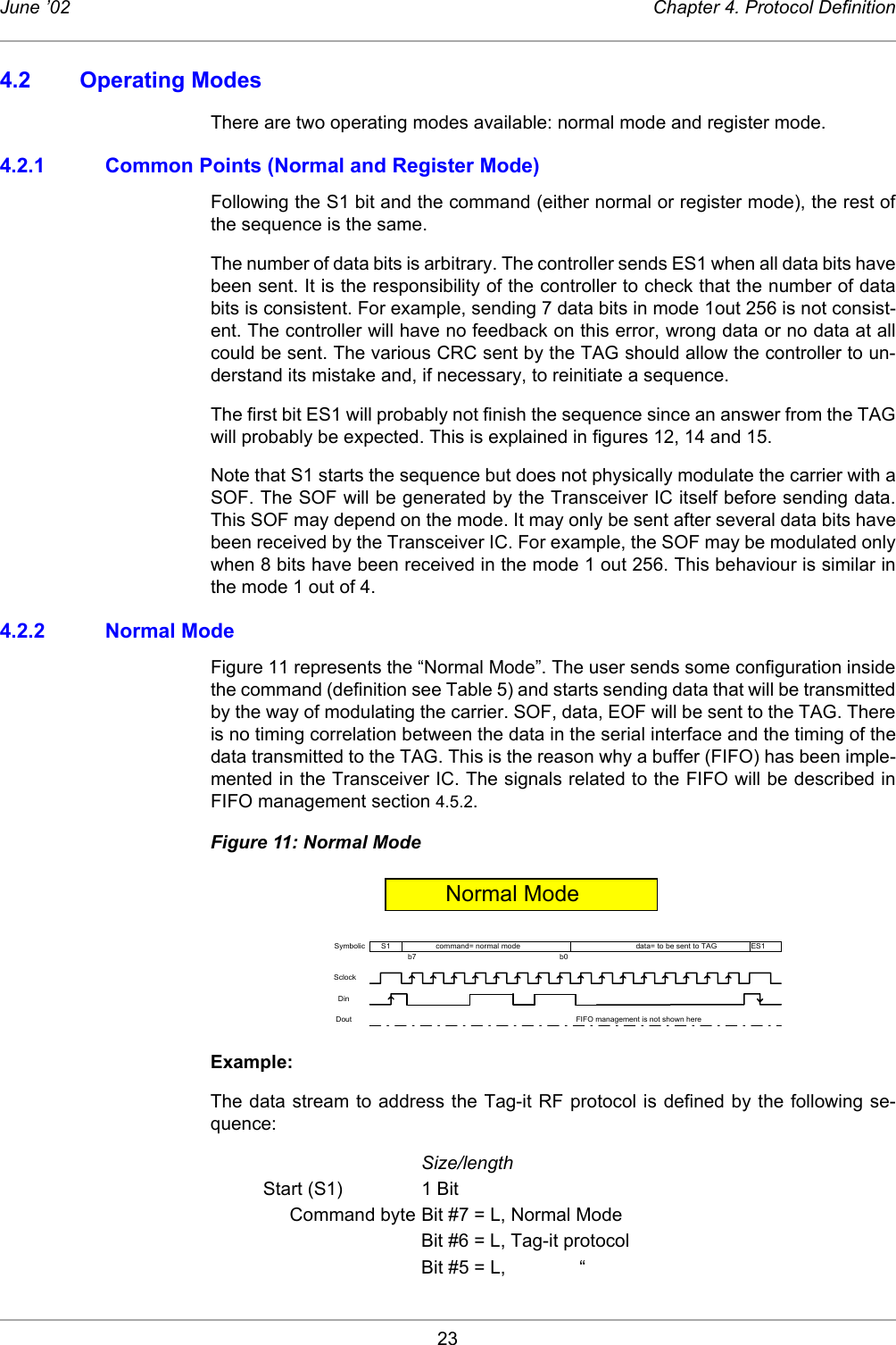 23June ’02 Chapter 4. Protocol Definition4.2 Operating ModesThere are two operating modes available: normal mode and register mode. 4.2.1 Common Points (Normal and Register Mode) Following the S1 bit and the command (either normal or register mode), the rest ofthe sequence is the same.The number of data bits is arbitrary. The controller sends ES1 when all data bits havebeen sent. It is the responsibility of the controller to check that the number of databits is consistent. For example, sending 7 data bits in mode 1out 256 is not consist-ent. The controller will have no feedback on this error, wrong data or no data at allcould be sent. The various CRC sent by the TAG should allow the controller to un-derstand its mistake and, if necessary, to reinitiate a sequence.The first bit ES1 will probably not finish the sequence since an answer from the TAGwill probably be expected. This is explained in figures 12, 14 and 15.Note that S1 starts the sequence but does not physically modulate the carrier with aSOF. The SOF will be generated by the Transceiver IC itself before sending data.This SOF may depend on the mode. It may only be sent after several data bits havebeen received by the Transceiver IC. For example, the SOF may be modulated onlywhen 8 bits have been received in the mode 1 out 256. This behaviour is similar inthe mode 1 out of 4.4.2.2 Normal ModeFigure 11 represents the “Normal Mode”. The user sends some configuration insidethe command (definition see Table 5) and starts sending data that will be transmittedby the way of modulating the carrier. SOF, data, EOF will be sent to the TAG. Thereis no timing correlation between the data in the serial interface and the timing of thedata transmitted to the TAG. This is the reason why a buffer (FIFO) has been imple-mented in the Transceiver IC. The signals related to the FIFO will be described inFIFO management section 4.5.2.Figure 11: Normal ModeExample:The data stream to address the Tag-it RF protocol is defined by the following se-quence:Size/lengthStart (S1) 1 BitCommand byte Bit #7 = L, Normal Mode Bit #6 = L, Tag-it protocolBit #5 = L, “ES1data= to be sent to TAGNormal ModeSymbolicSclockDinDoutcommand= normal modeb7S1FIFO management is not shown hereb0