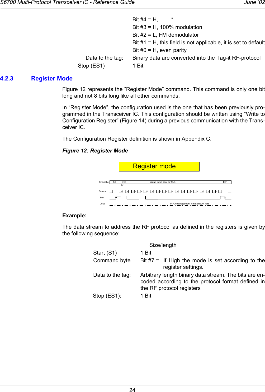 24S6700 Multi-Protocol Transceiver IC - Reference Guide June ’02Bit #4 = H, “Bit #3 = H, 100% modulation Bit #2 = L, FM demodulator Bit #1 = H, this field is not applicable, it is set to defaultBit #0 = H, even parityData to the tag: Binary data are converted into the Tag-it RF-protocolStop (ES1) 1 Bit4.2.3 Register ModeFigure 12 represents the “Register Mode” command. This command is only one bitlong and not 8 bits long like all other commands. In “Register Mode”, the configuration used is the one that has been previously pro-grammed in the Transceiver IC. This configuration should be written using “Write toConfiguration Register” (Figure 14) during a previous communication with the Trans-ceiver IC. The Configuration Register definition is shown in Appendix C. Figure 12: Register ModeExample:The data stream to address the RF protocol as defined in the registers is given bythe following sequence:Size/lengthStart (S1) 1 BitCommand byte Bit #7 =  if High the mode is set according to theregister settings. Data to the tag: Arbitrary length binary data stream. The bits are en-coded according to the protocol format defined inthe RF protocol registersStop (ES1):  1 BitES1data= to be sent to TAGRegister modeSymbolicSclockDinDoutcmdb7S1FIFO management is not shown here