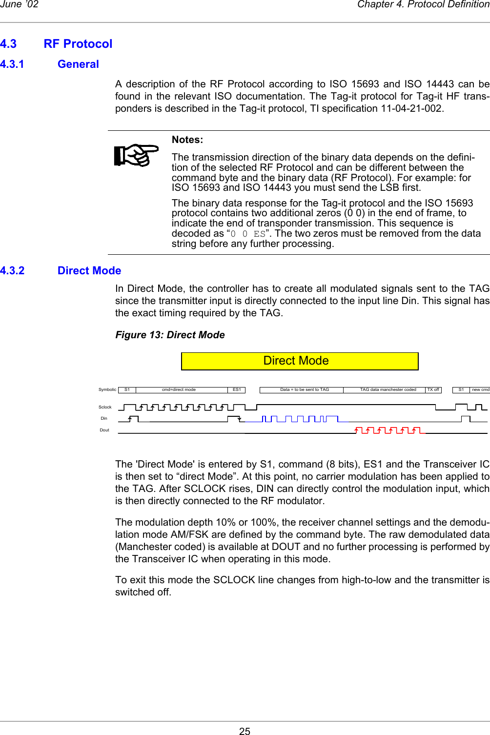 25June ’02 Chapter 4. Protocol Definition4.3 RF Protocol4.3.1 GeneralA description of the RF Protocol according to ISO 15693 and ISO 14443 can befound in the relevant ISO documentation. The Tag-it protocol for Tag-it HF trans-ponders is described in the Tag-it protocol, TI specification 11-04-21-002. 4.3.2 Direct ModeIn Direct Mode, the controller has to create all modulated signals sent to the TAGsince the transmitter input is directly connected to the input line Din. This signal hasthe exact timing required by the TAG.Figure 13: Direct ModeThe &apos;Direct Mode&apos; is entered by S1, command (8 bits), ES1 and the Transceiver ICis then set to “direct Mode”. At this point, no carrier modulation has been applied tothe TAG. After SCLOCK rises, DIN can directly control the modulation input, whichis then directly connected to the RF modulator.The modulation depth 10% or 100%, the receiver channel settings and the demodu-lation mode AM/FSK are defined by the command byte. The raw demodulated data(Manchester coded) is available at DOUT and no further processing is performed bythe Transceiver IC when operating in this mode.To exit this mode the SCLOCK line changes from high-to-low and the transmitter isswitched off. Notes:The transmission direction of the binary data depends on the defini-tion of the selected RF Protocol and can be different between the command byte and the binary data (RF Protocol). For example: for ISO 15693 and ISO 14443 you must send the LSB first. The binary data response for the Tag-it protocol and the ISO 15693 protocol contains two additional zeros (0 0) in the end of frame, to indicate the end of transponder transmission. This sequence is decoded as “0 0 ES”. The two zeros must be removed from the data string before any further processing. SymbolicSclockDinDoutcmd=direct modeS1 Data = to be sent to TAGES1 TAG data manchester coded S1 new cmdDirect ModeTX off