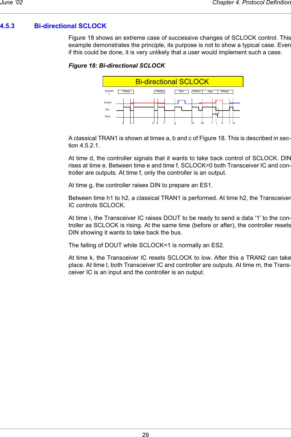 29June ’02 Chapter 4. Protocol Definition4.5.3 Bi-directional SCLOCKFigure 18 shows an extreme case of successive changes of SCLOCK control. Thisexample demonstrates the principle, its purpose is not to show a typical case. Evenif this could be done, it is very unlikely that a user would implement such a case.Figure 18: Bi-directional SCLOCKA classical TRAN1 is shown at times a, b and c of Figure 18. This is described in sec-tion 4.5.2.1.At time d, the controller signals that it wants to take back control of SCLOCK. DINrises at time e. Between time e and time f, SCLOCK=0 both Transceiver IC and con-troller are outputs. At time f, only the controller is an output.At time g, the controller raises DIN to prepare an ES1.Between time h1 to h2, a classical TRAN1 is performed. At time h2, the TransceiverIC controls SCLOCK.At time i, the Transceiver IC raises DOUT to be ready to send a data &apos;1&apos; to the con-troller as SCLOCK is rising. At the same time (before or after), the controller resetsDIN showing it wants to take back the bus. The falling of DOUT while SCLOCK=1 is normally an ES2.At time k, the Transceiver IC resets SCLOCK to low. After this a TRAN2 can takeplace. At time l, both Transceiver IC and controller are outputs. At time m, the Trans-ceiver IC is an input and the controller is an output. SymbolicSclockDinDoutBi-directional SCLOCKTRAN2TRAN1 ES1 TRAN1 data TRAN2abc def g h2 ijklmh1