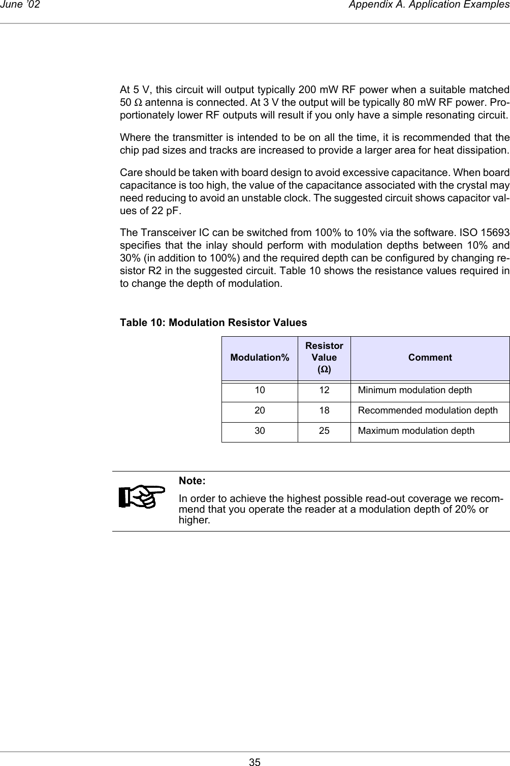 35June ’02 Appendix A. Application ExamplesAt 5 V, this circuit will output typically 200 mW RF power when a suitable matched50 Ω antenna is connected. At 3 V the output will be typically 80 mW RF power. Pro-portionately lower RF outputs will result if you only have a simple resonating circuit.Where the transmitter is intended to be on all the time, it is recommended that thechip pad sizes and tracks are increased to provide a larger area for heat dissipation.Care should be taken with board design to avoid excessive capacitance. When boardcapacitance is too high, the value of the capacitance associated with the crystal mayneed reducing to avoid an unstable clock. The suggested circuit shows capacitor val-ues of 22 pF.The Transceiver IC can be switched from 100% to 10% via the software. ISO 15693specifies that the inlay should perform with modulation depths between 10% and30% (in addition to 100%) and the required depth can be configured by changing re-sistor R2 in the suggested circuit. Table 10 shows the resistance values required into change the depth of modulation. Table 10: Modulation Resistor ValuesModulation%Resistor Value (ΩΩΩΩ)Comment10 12 Minimum modulation depth20 18 Recommended modulation depth30 25 Maximum modulation depthNote:In order to achieve the highest possible read-out coverage we recom-mend that you operate the reader at a modulation depth of 20% or higher. 