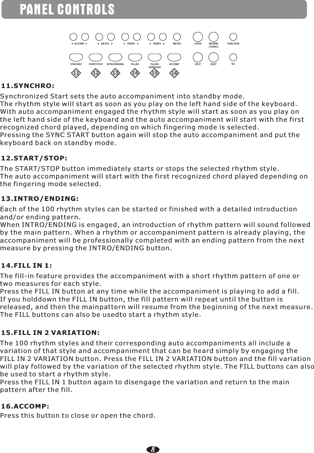 PANEL CONTROLS11.SYNCHRO:Synchronized Start sets the auto accompaniment into standby mode.The rhythm style will start as soon as you play on the left hand side of the keyboard.With auto accompaniment engaged the rhythm style will start as soon as you play on the left hand side of the keyboard and the auto accompaniment will start with the first recognized chord played, depending on which fingering mode is selected.Pressing the SYNC START button again will stop the auto accompaniment and put thekeyboard back on standby mode.12.START/STOP:The START/STOP button immediately starts or stops the selected rhythm style.The auto accompaniment will start with the first recognized chord played depending onthe fingering mode selected.13.INTRO/ENDING:Each of the 100 rhythm styles can be started or finished with a detailed introduction and/or ending pattern.When INTRO/ENDING is engaged, an introduction of rhythm pattern will sound followed by the main pattern. When a rhythm or accompaniment pattern is already playing, the accompaniment will be professionally completed with an ending pattern from the next measure by pressing the INTRO/ENDING button.14.FILL IN 1:The fill-in feature provides the accompaniment with a short rhythm pattern of one or two measures for each style.Press the FILL IN button at any time while the accompaniment is playing to add a fill. If you holddown the FILL IN button, the fill pattern will repeat until the button is released, and then the mainpattern will resume from the beginning of the next measure.The FILL buttons can also be usedto start a rhythm style.15.FILL IN 2 VARIATION:The 100 rhythm styles and their corresponding auto accompaniments all include a variation of that style and accompaniment that can be heard simply by engaging theFILL IN 2 VARIATION button. Press the FILL IN 2 VARIATION button and the fill variationwill play followed by the variation of the selected rhythm style. The FILL buttons can also be used to start a rhythm style.Press the FILL IN 1 button again to disengage the variation and return to the main pattern after the fill.16.ACCOMP:ACCOMP KB.VOL TRANS TEMPO METRO LAYER REVERB/CHORUSFUNCTIONSYNCHRO START/STOP INTRO/ENDING FILLIN1 FILLIN2VARIATIONACCOMP SPLIT DUET E Q11 12 13 14 15 168Press this button to close or open the chord.