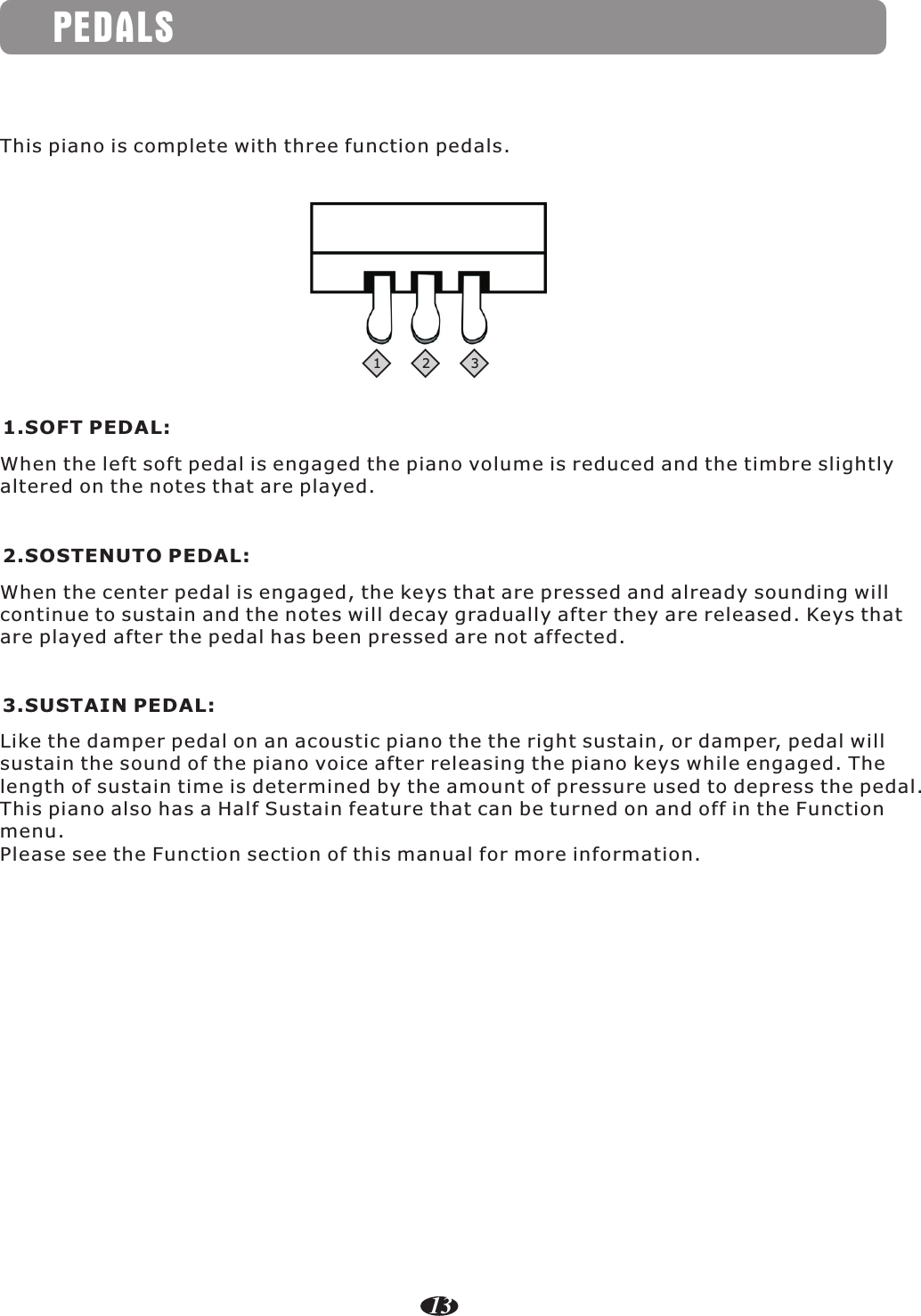 PEDALS1.SOFT PEDAL:This piano is complete with three function pedals.When the left soft pedal is engaged the piano volume is reduced and the timbre slightly altered on the notes that are played.2.SOSTENUTO PEDAL:When the center pedal is engaged, the keys that are pressed and already sounding will continue to sustain and the notes will decay gradually after they are released. Keys that are played after the pedal has been pressed are not affected.3.SUSTAIN PEDAL:Like the damper pedal on an acoustic piano the the right sustain, or damper, pedal will sustain the sound of the piano voice after releasing the piano keys while engaged. The length of sustain time is determined by the amount of pressure used to depress the pedal.This piano also has a Half Sustain feature that can be turned on and off in the Function menu.Please see the Function section of this manual for more information.13123