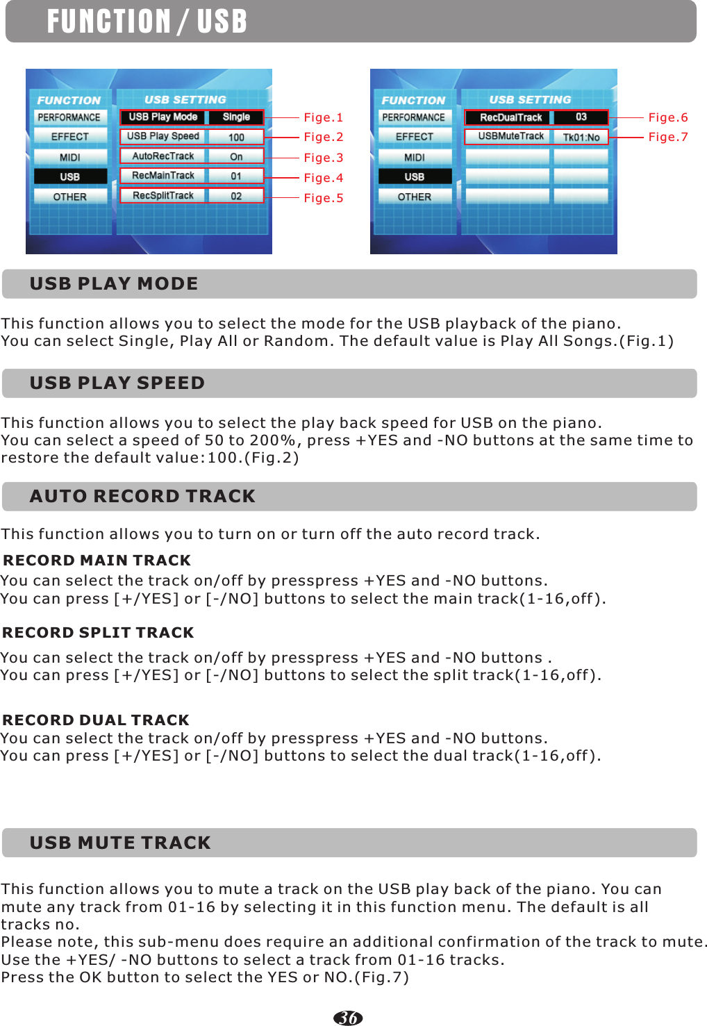 USB PLAY MODEThis function allows you to select the mode for the USB playback of the piano.You can select Single, Play All or Random. The default value is Play All Songs.(Fig.1)Fige.1Fige.2Fige.3Fige.4Fige.5USB PLAY SPEEDThis function allows you to select the play back speed for USB on the piano.You can select a speed of 50 to 200%, press +YES and -NO buttons at the same time to restore the default value:100.(Fig.2)AUTO RECORD TRACKRECORD MAIN TRACKRECORD SPLIT TRACKFige.6Fige.7RECORD DUAL TRACKUSB MUTE TRACKThis function allows you to mute a track on the USB play back of the piano. You can mute any track from 01-16 by selecting it in this function menu. The default is all tracks no.Please note, this sub-menu does require an additional confirmation of the track to mute.Use the +YES/ -NO buttons to select a track from 01-16 tracks.Press the OK button to select the YES or NO.(Fig.7)FUNCTION / USB36This function allows you to turn on or turn off the auto record track.You can select the track on/off by presspress +YES and -NO buttons.You can press [+/YES] or [-/NO] buttons to select the main track(1-16,off ).You can select the track on/off by presspress +YES and -NO buttons .You can press [+/YES] or [-/NO] buttons to select the split track(1-16,off).You can select the track on/off by presspress +YES and -NO buttons.You can press [+/YES] or [-/NO] buttons to select the dual track(1-16,off ). 