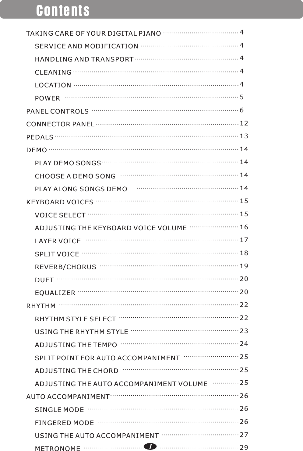 1ContentsTAKING CARE OF YOUR DIGITAL PIANO    SERVICE AND MODIFICATION    HANDLING AND TRANSPORT    CLEANING    LOCATION    POWERPANEL CONTROLSCONNECTOR PANELPEDALSDEMO    PLAY DEMO SONGS    CHOOSE A DEMO SONG    PLAY ALONG SONGS DEMOKEYBOARD VOICES    VOICE SELECT    ADJUSTING THE KEYBOARD VOICE VOLUME    LAYER VOICE    SPLIT VOICE    REVERB/CHORUS    DUET    EQUALIZERRHYTHM    RHYTHM STYLE SELECT    USING THE RHYTHM STYLE    ADJUSTING THE TEMPO    SPLIT POINT FOR AUTO ACCOMPANIMENT    ADJUSTING THE CHORD    ADJUSTING THE AUTO ACCOMPANIMENT VOLUMEAUTO ACCOMPANIMENT    SINGLE MODE    FINGERED MODE    USING THE AUTO ACCOMPANIMENT    METRONOME           .....................................44444561213141414141515161718192020222223242525252626262729                .............................................................................................................................................................................................................................................................................................................................................................................................................................................................................................................................................................................................................................................................................................................................................................................................................................................................................................................................................................................................................................................................................................................................................................................................................................................................................................................................................................................................................................................................................................................................................................................................................................................................................................................................................................................................................................................................................................................................................................................................................................................................................................................................................................