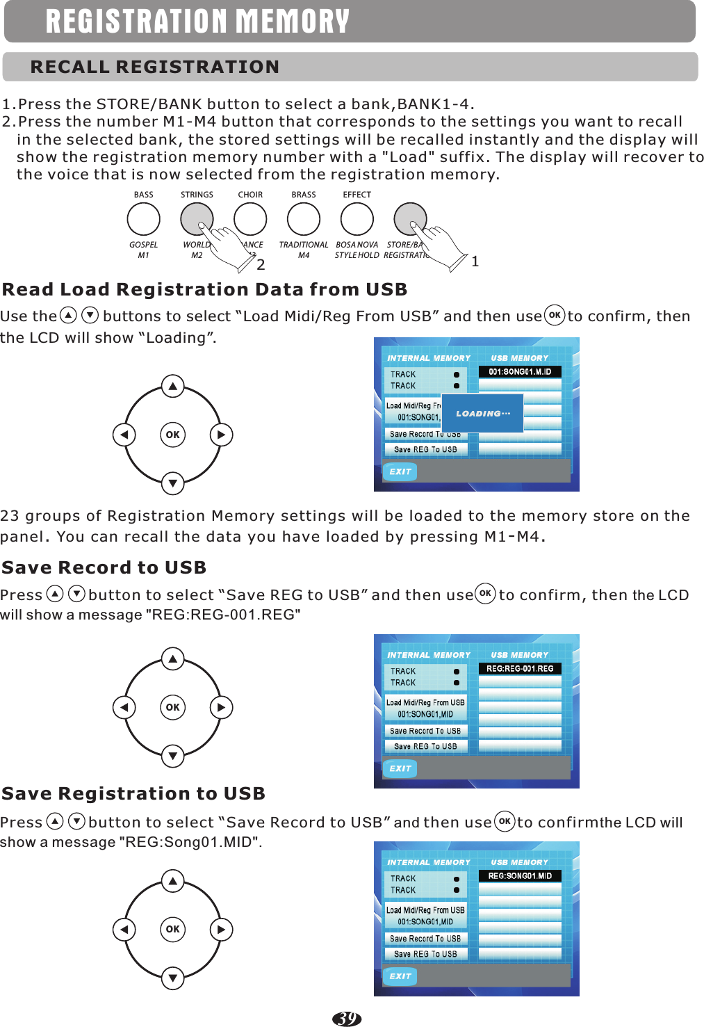 GOSPELM1WORLDM2DANCEM3TRADITIONALM4BOSA NOVAST YLE HOLDSTORE/BANKREGISTRATIONBASS STRINGS CHOIR BRASS EFFECT12REGISTRATION MEMORY39Read Load Registration Data from USBUse the         buttons to select “Load Midi/Reg From USB” and then use     to confirm, thenthe LCD will show “Loading”.23 groups of Registration Memory settings will be loaded to the memory store on the panel. You can recall the data you have loaded by pressing M1-M4.Save Record to USBSave Registration to USBPress         button to select “Save REG to USB” the LCD will show a message &quot;REG:REG-001.REG&quot;and then use     to confirm, then Press         button to select “Save Record to USB” and the LCD will show a message &quot;REG:Song01.MID&quot;.then use     to confirmOKOKOKOKOKOKRECALL REGISTRATION1.Press the STORE/BANK button to select a bank,BANK1-4.2.Press the number M1-M4 button that corresponds to the settings you want to recall    in the selected bank, the stored settings will be recalled instantly and the display will    show the registration memory number with a &quot;Load&quot; suffix. The display will recover to    the voice that is now selected from the registration memory.