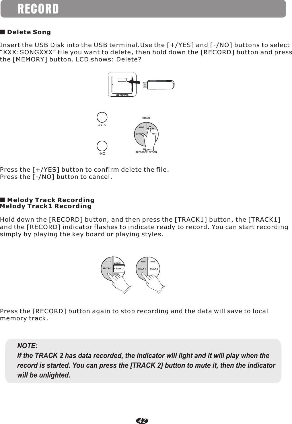 RECORDInsert the USB Disk into the USB terminal.Use the [+/YES] and [-/NO] buttons to select“XXX:SONGXXX” file you want to delete, then hold down the [RECORD] button and pressthe [MEMORY] button. LCD shows: Delete?USB TO DEVICE42■ Delete SongPress the [+/YES] button to confirm delete the file.Press the [-/NO] button to cancel.■ Melody Track Recording Hold down the [RECORD] button, and then press the [TRACK1] button, the [TRACK1] and the [RECORD] indicator flashes to indicate ready to record. You can start recordingsimply by playing the key board or playing styles.Melody Track1 Recording Press the [RECORD] button again to stop recording and the data will save to localmemory track.NOTE:If the TRACK 2 has data recorded, the indicator will light and it will play when the record is started. You can press the [TRACK 2] button to mute it, then the indicatorwill be unlighted.TRACK 1 TRACK 2RECORDMEMORYPLAY/STOPTRACKDELETEMULTIRECORD SELECTIONRECORDMEMORYPLAY/STOPTRACK+YES-NO
