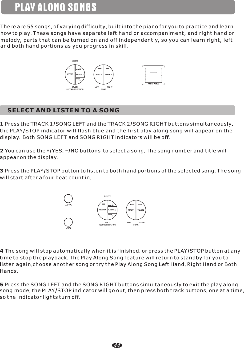 PLAY ALONG SONGSSELECT AND LISTEN TO A SONG1 Press the TRACK 1/SONG LEFT and the TRACK 2/SONG RIGHT buttons simultaneously, the PLAY/STOP indicator will flash blue and the first play along song will appear on the display. Both SONG LEFT and SONG RIGHT indicators will be off.2 You can use the +/YES, –/NO buttons  to select a song. The song number and title will appear on the display.3 Press the PLAY/STOP button to listen to both hand portions of the selected song. The song will start after a four beat count in.4 The song will stop automatically when it is finished, or press the PLAY/STOP button at any time to stop the playback. The Play Along Song feature will return to standby for you to listen again,choose another song or try the Play Along Song Left Hand, Right Hand or Both Hands.5 Press the SONG LEFT and the SONG RIGHT buttons simultaneously to exit the play along song mode, the PLAY/STOP indicator will go out, then press both track buttons, one at a time, so the indicator lights turn off.There are 55 songs, of varying difficulty, built into the piano for you to practice and learn how to play. These songs have separate left hand or accompaniment, and right hand or melody, parts that can be turned on and off independently, so you can learn right, left and both hand portions as you progress in skill.USB TO DEVICETRACK 1 TRACK 2DELETEMULTIRECORD SELECTIONLEFT RIGHTSONGRECORDMEMORYPLAY/STOPTRACK44TRACK 1 TRACK 2DELETEMULTIRECORD SELECTIONLEFT RIGHTSONGRECORDMEMORYPLAY/STOPTRACK+YES-NO