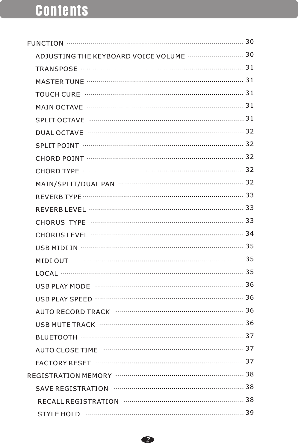 Contents2FUNCTION    ADJUSTING THE KEYBOARD VOICE VOLUME    TRANSPOSE    MASTER TUNE    TOUCH CURE    MAIN OCTAVE    SPLIT OCTAVE    DUAL OCTAVE    SPLIT POINT    CHORD POINT    CHORD TYPE    MAIN/SPLIT/DUAL PAN    REVERB TYPE    REVERB LEVEL    CHORUS  TYPE    CHORUS LEVEL    USB MIDI IN    MIDI OUT    LOCAL    USB PLAY MODE    USB PLAY SPEED    AUTO RECORD TRACK    USB MUTE TRACK    BLUETOOTH    AUTO CLOSE TIME    FACTORY RESETREGISTRATION MEMORY    SAVE REGISTRATION     RECALL REGISTRATION     STYLE HOLD........................................................................................ 303031313131313232323232333333343535353636363637373738383839                ................................................................................................................................................................................................................................................................................................................................................................................................................................................................................................................................................................................................................................................................................................................................................................................................................................................................................................................................................................................................................................................................................................................................................................................................................................................................................................................................................................................................................................................................................................................................................................................................................................................................................................................................................................................................................................................................................................................................................................................................................................................................................................................................................................................................................................