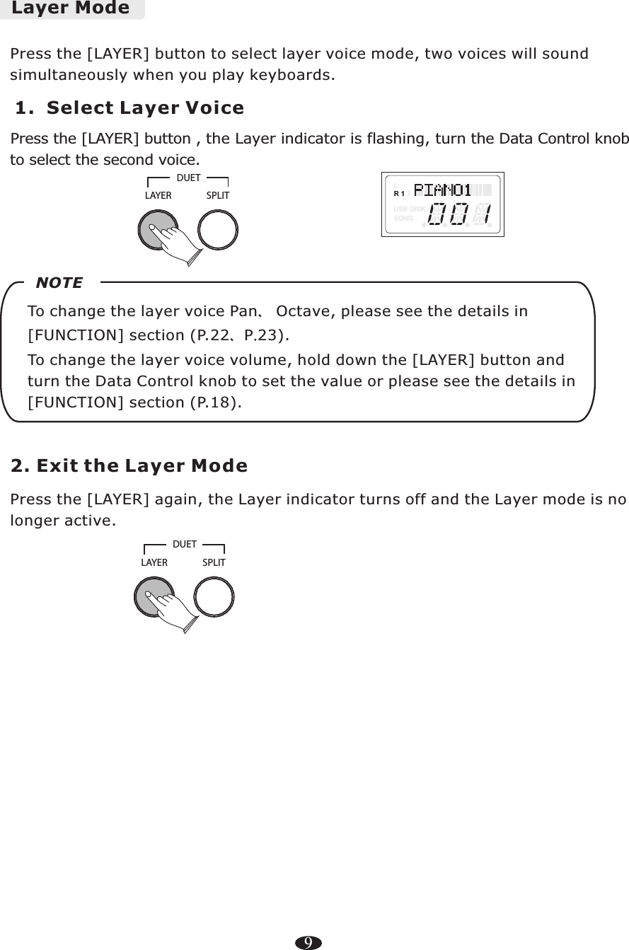 9Layer Mode Press the [LAYER] button to select layer voice mode, two voices will sound simultaneously when you play keyboards. 1.  Select Layer VoicePress the [LAYER] button , the Layer indicator is flashing, turn the Data Control knobto select the second voice.2. Exit the Layer ModePress the [LAYER] again, the Layer   turns off and the Layer mode is nolonger active.indicatorTo change the layer voice Pan、 Octave, please see the details in [FUNCTION] section (P.22、P.23).To change the layer voice volume, hold down the [LAYER] button and turn the Data Control knob to set the value or please see the details in [FUNCTION] section (P.18).NOTESPLITLAYERDUETSPLITLAYERDUETLUSB DISKSONG
