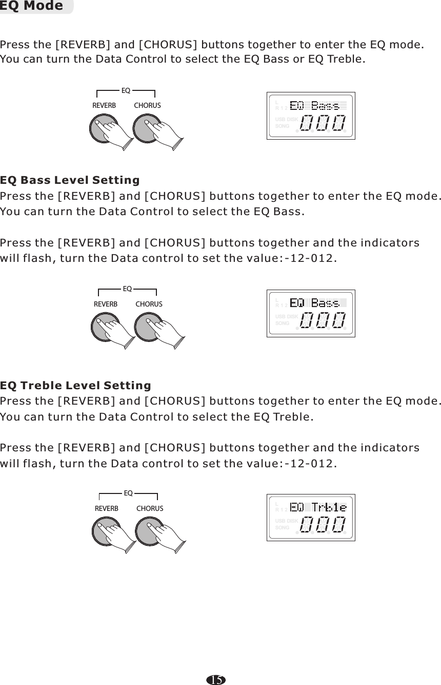 15EQ Bass Level SettingPress the [REVERB] and [CHORUS] buttons together to enter the EQ mode. You can turn the Data Control to select the EQ Bass.Press the [REVERB] and [CHORUS] buttons together and the indicators will flash, turn the Data control to set the value:-12-012.LUSB DISKSONGREVERB CHORUSEQEQ Treble Level SettingPress the [REVERB] and [CHORUS] buttons together to enter the EQ mode. You can turn the Data Control to select the EQ Treble.Press the [REVERB] and [CHORUS] buttons together and the indicators will flash, turn the Data control to set the value:-12-012.LUSB DISKSONGREVERB CHORUSEQEQ Mode Press the [REVERB] and [CHORUS] buttons together to enter the EQ mode. You can turn the Data Control to select the EQ Bass or EQ Treble.REVERB CHORUSEQLUSB DISKSONG