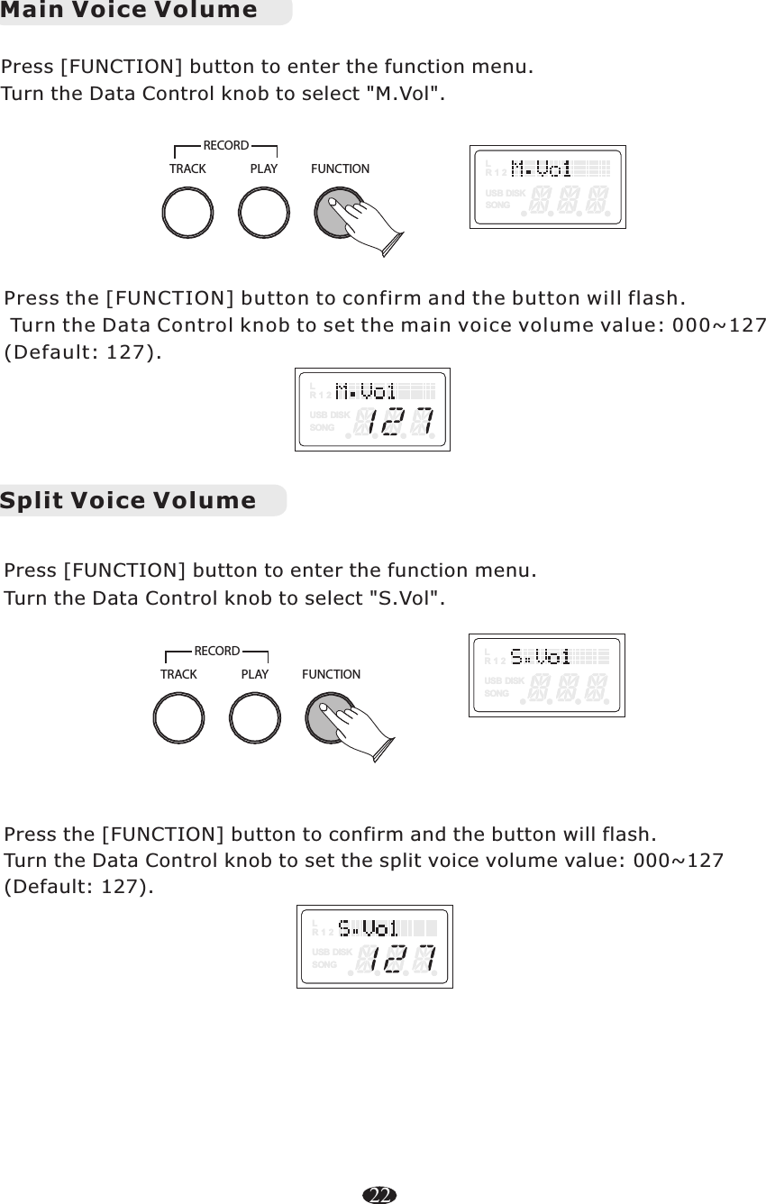 22Main Voice VolumeSplit Voice VolumeLR 1 2USB DISKSONGLR 1 2USB DISKSONG Turn the Data Control knob to select Press [FUNCTION] button to enter the function menu.&quot;M.Vol&quot;. Press the [FUNCTION] button to confirm and the button will flash. Turn the Data Control knob to set the main voice volume value: 000~127 (Default: 127). Turn the Data Control knob to select Press [FUNCTION] button to enter the function menu.&quot;S.Vol&quot;. Press the [FUNCTION] button to confirm and the button will flash. Turn the Data Control knob to set the split voice volume value: 000~127 (Default: 127).LR 1 2USB DISKSONGLR 1 2USB DISKSONGPLAYTRACKRECORDFUNCTIONLR 1 2USB DISKSONGLR 1 2USB DISKSONGLR 1 2USB DISKSONGLR 1 2USB DISKSONGPLAYTRACKRECORDFUNCTION