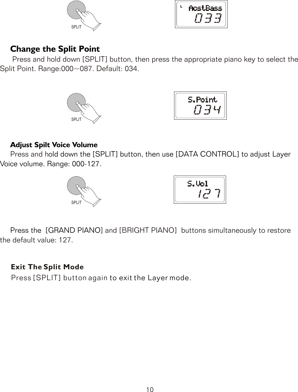 SPLIT     Change the Split PointAdjust Spilt Voice Volume      old down the [SPLIT] button, then use [DATA CONTROL] to adjust Layer Voice volume. Range: 000-127.       Press the  [GRAND PIANO             Press and hold down [SPLIT] button, then press the appropriate piano key to select the Split Point. Range:000~087. Default: 034.     Press and h] and [BRIGHT PIANO]  buttons simultaneously to restorethe default value: 127.           to exit the Layer mode. Exit The Split ModePress [SPLIT] button again SPLITSPLIT10