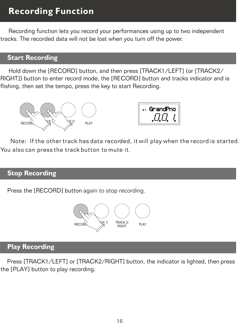RECORDRECORDTRACK 1/LEFTTRACK 1/LEFTTRACK 2/RIGHTTRACK 2/RIGHTPLAYPLAY     Recording function lets you record your performances using up to two independent tracks. The recorded data will not be lost when you turn off the power.           Note:  If the other track has data recorded, it will play when the record is started. You also can press the track button to mute it.Recording FunctionStart Recording     Hold down the [RECORD] button, and then press [TRACK1/LEFT] (or [TRACK2/RIGHT]) button to enter record mode, the [RECORD] button and tracks indicator and is flishing, then set the tempo, press the key to start Recording.           Press [TRACK1/LEFT] or [TRACK2/RIGHT] button, the indicator is lighted, then press  the [PLAY] button to play recording.    Stop RecordingPress the [RECORD] button again to stop recording.Play Recording 16