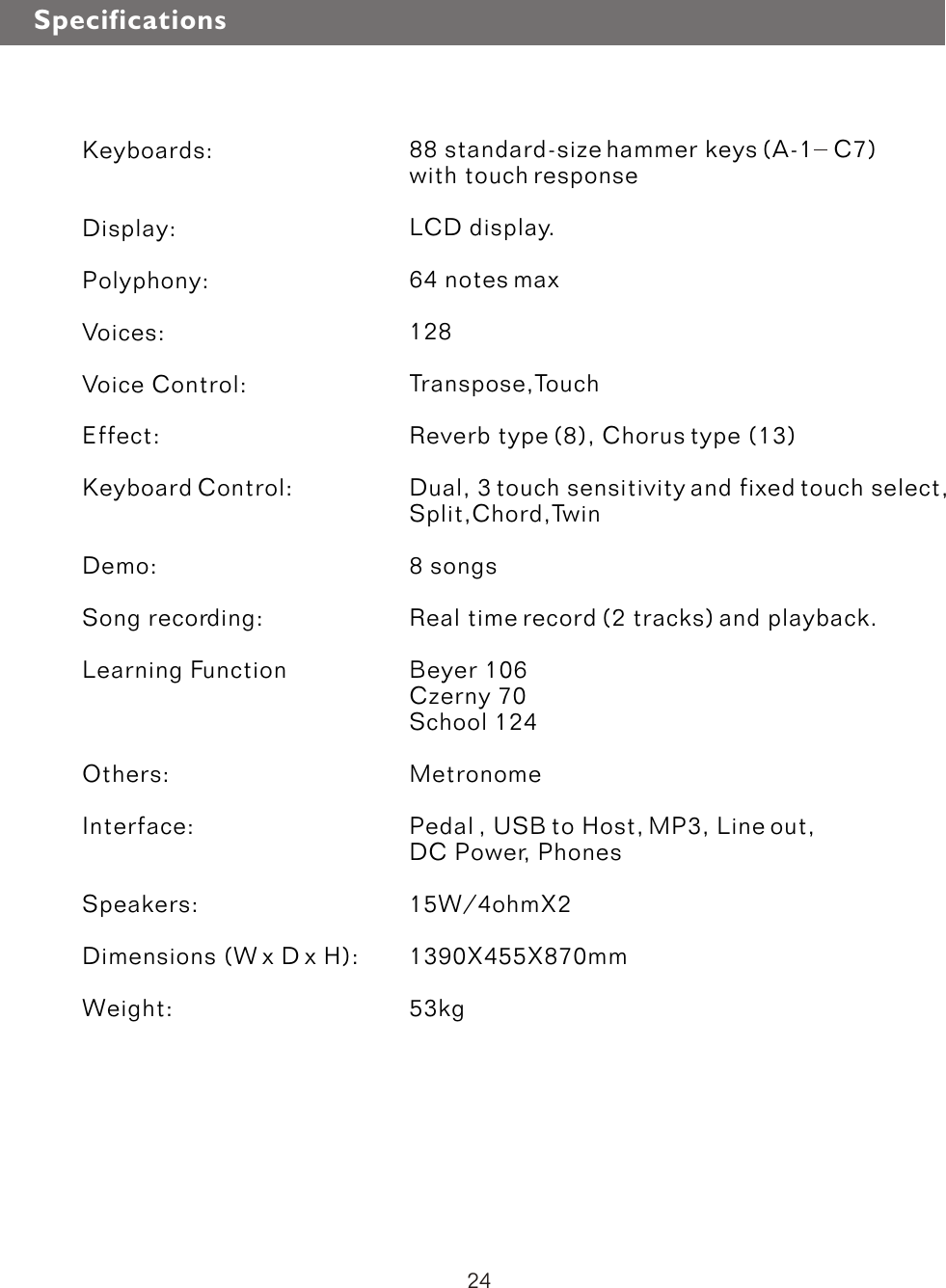 Keyboards:Display:Polyphony:Voices:Voice Control:Effect:Keyboard Control:Demo:Song recording:Learning Function   Others:Interface: Speakers:Dimensions (W x D x H):Weight:88 standard-size hammer keys (A-1   C7) with touch responseLCD display.64 notes max128Transpose,TouchReverb type (8), Chorus type (13)Dual, 3 touch sensitivity and fixed touch select,Split,Chord,Twin8 songsReal time record (2 tracks) and playback.Beyer 106Czerny 70School 124MetronomePedal , USB to Host, MP3, Line out, DC Power, Phones15W/4ohmX2 1390X455X870mm53kg                      Specifications24