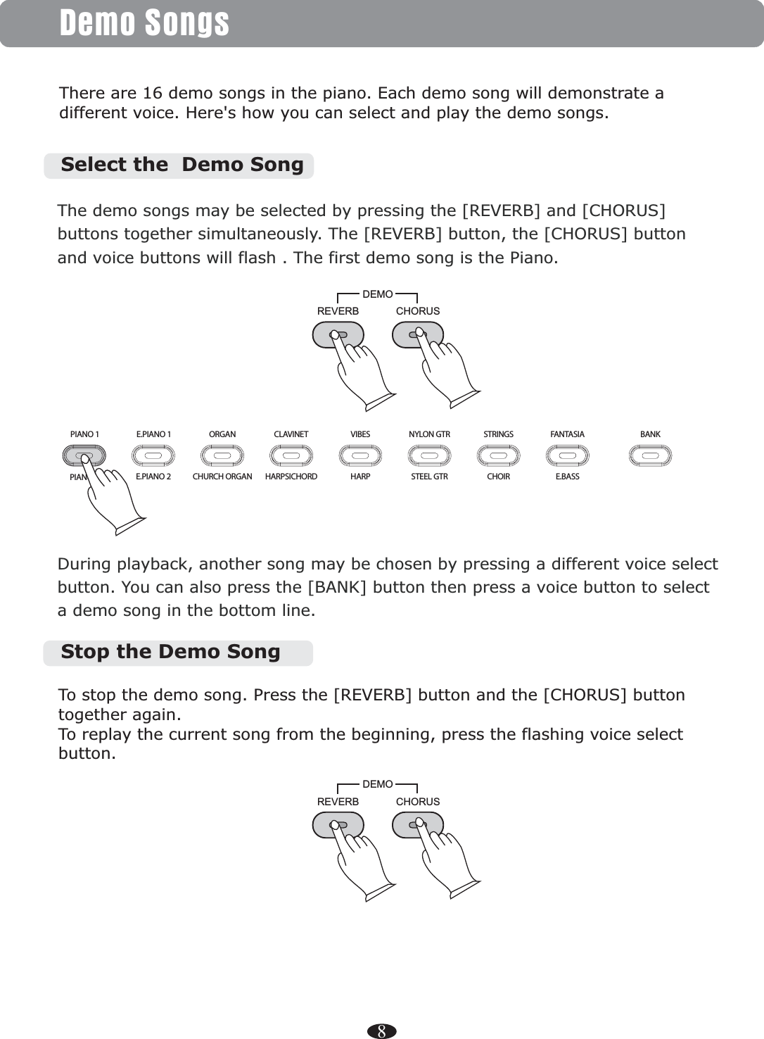 8Demo SongsThere are 16 demo songs in the piano. Each demo song will demonstrate a different voice. Here&apos;s how you can select and play the demo songs.REVERB CHORUSDEMODuring playback, another song may be chosen by pressing a different voice selectbutton. You can also press the [BANK] button then press a voice button to select a demo song in the bottom line.REVERB CHORUSDEMOTo stop the demo song. Press the again. To replay the current song from the beginning, press the flashing voice select button.[REVERB] button and the [CHORUS] button together Stop the Demo SongThe demo songs may be selected by pressing the [REVERB] and [CHORUS] buttons together simultaneously. The [REVERB] button, the [CHORUS] button and voice buttons will flash . The first demo song is the Piano.Select the  Demo SongPIANO 1 E.PIANO 1 ORGAN CLAVINET VIBES NYLON GTR STRINGSE.PIANO 2 CHURCH ORGAN HARPSICHORD HARP STEEL GTRPIANO 2 CHOIRFANTASIAE.BASSBANK