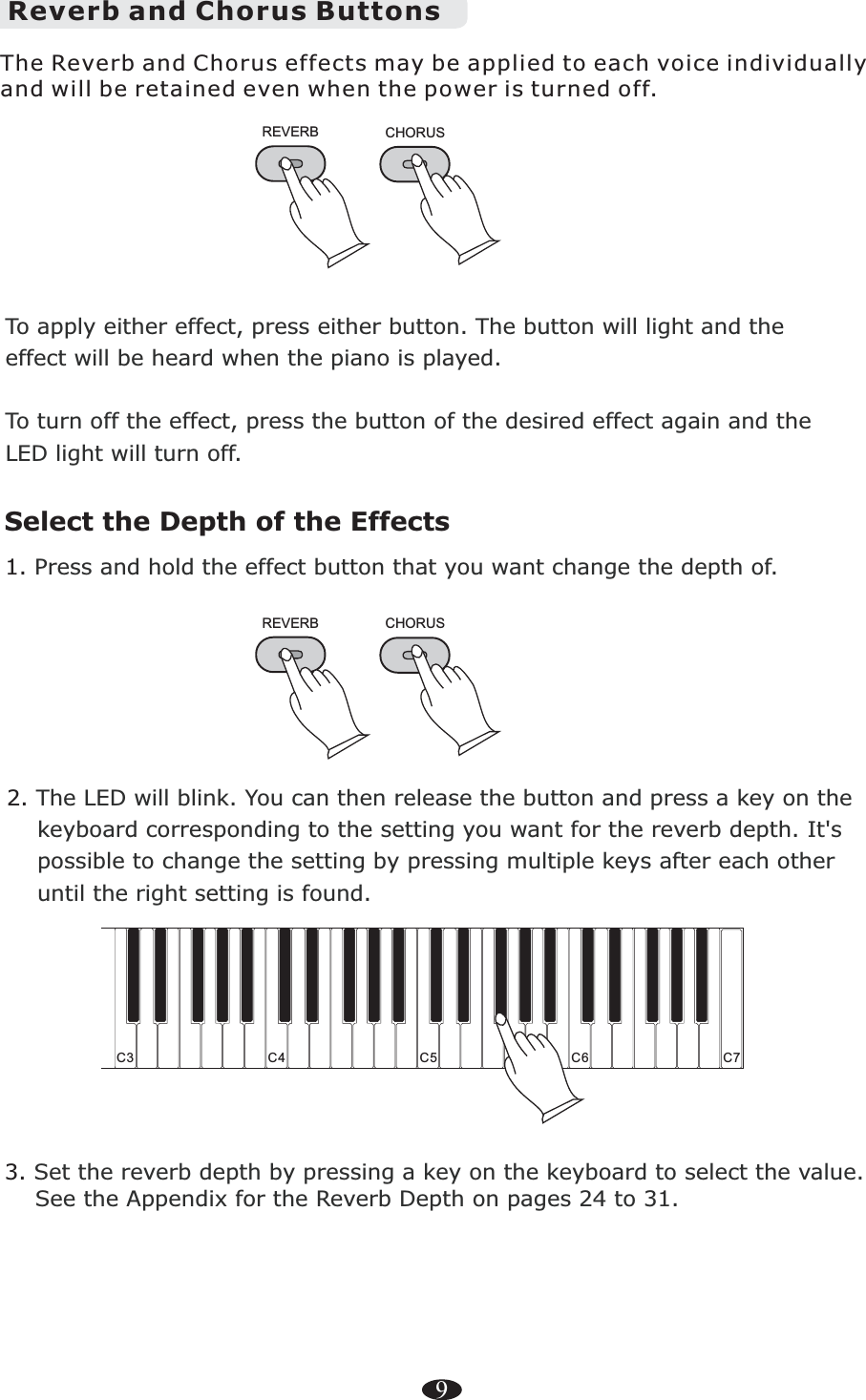 9Reverb and Chorus ButtonsTo apply either effect, press either button. The button will light and theeffect will be heard when the piano is played.To turn off the effect, press the button of the desired effect again and theLED light will turn off.REVERB3. Set the reverb depth by pressing a key on the keyboard to select the value.     See the Appendix for the Reverb Depth on pages 24 to 31.C4 C5 C6 C7C3The Reverb and Chorus effects may be applied to each voice individually and will be retained even when the power is turned off.CHORUSSelect the Depth of the Effects1. Press and hold the effect button that you want change the depth of.REVERB CHORUS2. The LED will blink. You can then release the button and press a key on the     keyboard corresponding to the setting you want for the reverb depth. It&apos;s     possible to change the setting by pressing multiple keys after each other     until the right setting is found.