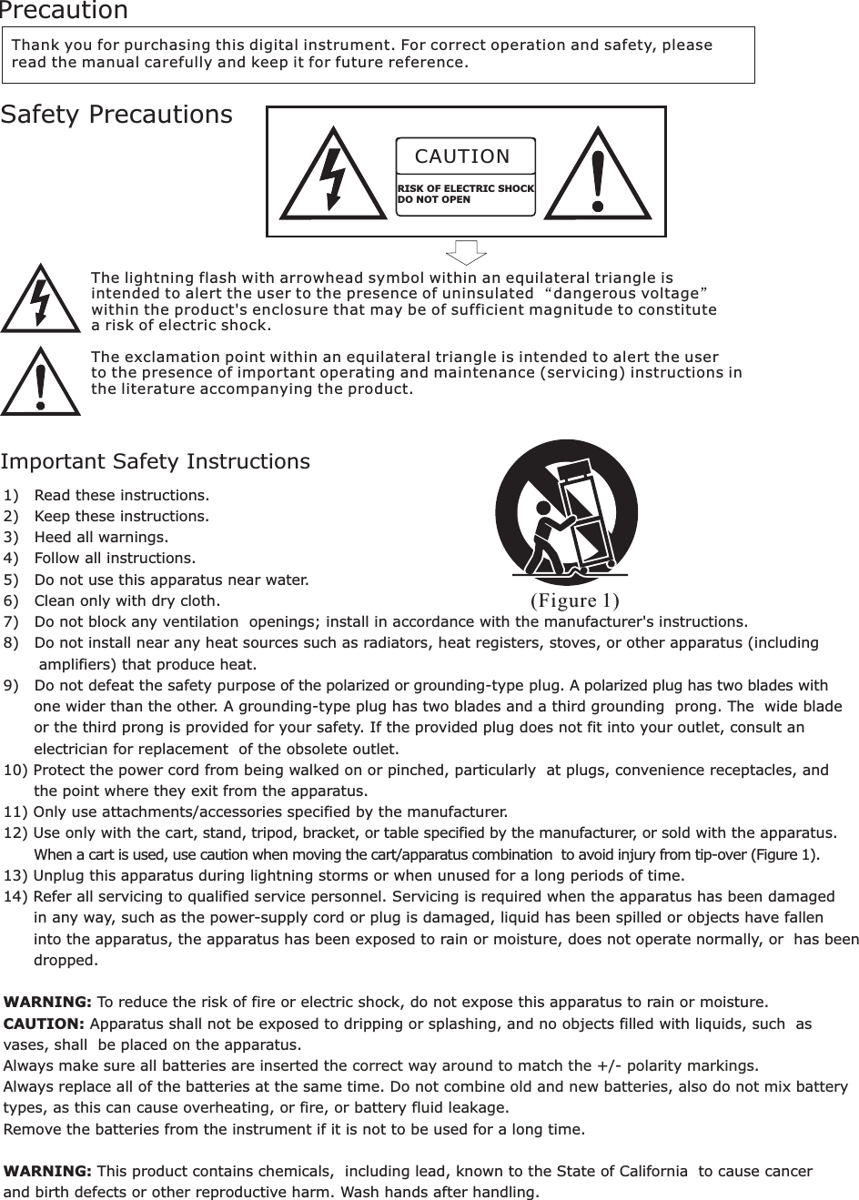 1)   Read these instructions.2)   Keep these instructions.3)   Heed all warnings.4)   Follow all instructions.5)   Do not use this apparatus near water. 6)   Clean only with dry cloth.7)   Do not block any ventilation  openings; install in accordance with the manufacturer&apos;s instructions.8)   Do not install near any heat sources such as radiators, heat registers, stoves, or other apparatus (including         amplifiers) that produce heat.9)   Do not defeat the safety purpose of the polarized or grounding-type plug. A polarized plug has two blades with       one wider than the other. A grounding-type plug has two blades and a third grounding  prong. The  wide blade       or the third prong is provided for your safety. If the provided plug does not fit into your outlet, consult an       electrician for replacement  of the obsolete outlet.10) Protect the power cord from being walked on or pinched, particularly  at plugs, convenience receptacles, and       the point where they exit from the apparatus.11) Only use attachments/accessories specified by the manufacturer.12) Use only with the cart, stand, tripod, bracket, or table specified by the manufacturer, or sold with the apparatus.       When a cart is used, use caution when moving the cart/apparatus combination  to avoid injury from tip-over (Figure 1).13) Unplug this apparatus during lightning storms or when unused for a long periods of time.14) Refer all servicing to qualified service personnel. Servicing is required when the apparatus has been damaged       in any way, such as the power-supply cord or plug is damaged, liquid has been spilled or objects have fallen       into the apparatus, the apparatus has been exposed to rain or moisture, does not operate normally, or  has been       dropped.WARNING: To reduce the risk of fire or electric shock, do not expose this apparatus to rain or moisture.CAUTION: Apparatus shall not be exposed to dripping or splashing, and no objects filled with liquids, such  as vases, shall  be placed on the apparatus.Always make sure all batteries are  .Always replace   at the same time. Remove the batteries from the instrument if it is not to be used for a long time.WARNING: This product contains chemicals,  including lead, known to the State of California  to cause cancer and birth defects or other reproductive harm. Wash hands after handling.inserted the correct way around to match the +/- polarity markingsall of the batteries Do not combine old and new batteries, also do not mix batterytypes, as this can cause overheating, or fire, or battery fluid leakage. (Figure 1)Thank you for purchasing this digital instrument. For correct operation and safety, please read the manual carefully and keep it for future reference. PrecautionSafety PrecautionsImportant Safety InstructionsDO NOT OPENRISK OF ELECTRIC SHOCKCAUTIONThe lightning flash with arrowhead symbol within an equilateral triangle is intended to alert the user to the presence of uninsulated “dangerous voltage”within the product&apos;s enclosure that may be of sufficient magnitude to constitute a risk of electric shock.The exclamation point within an equilateral triangle is intended to alert the userto the presence of important operating and maintenance (servicing) instructions inthe literature accompanying the product.