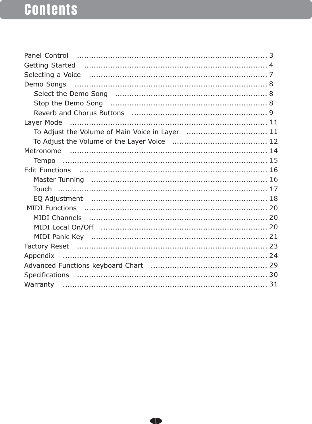 13478889111112141516161718202020212324293031ContentsPanel Control   Getting Started   Selecting a Voice   Demo Songs       Select the Demo Song   the Demo Song   Reverb and Chorus Buttons   Layer Mode       To Adjust the Volume of Main Voice in Layer   To Adjust the Volume of the Layer Voice   Metronome       Tempo   Edit Functions       Master Tunning      Touch  EQ Adjustment     MIDI Functions       MIDI Channels       MIDI Local On/Off       MIDI Panic Key   Factory Reset   Appendix   Advanced Functions keyboard Chart   Specifications      ................................................................................    .............................................................................   ............................................................................................................................................................    ................................................................    Stop  ..................................................................     .........................................................   ...................................................................................   ..................................     ...........................................................................................................................   ......................................................................................  ...............................................................................   ..........................................................................   ........................................................................................     ..........................................................................  .............................................................................   ...........................................................................    ................................................................................................................................................ ................................................................................   ......................................................................................    .................................................    ................................................................................Warranty ......................................................................................    
