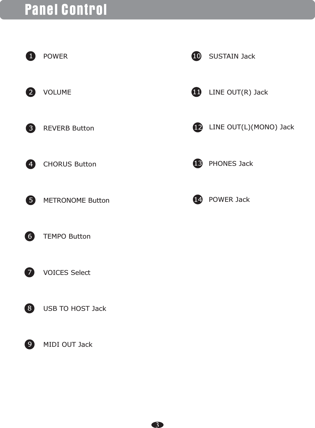 3Panel ControlVOLUME2CHORUS Button43REVERB ButtonTEMPO Button65METRONOME Button7VOICES Select9MIDI OUT Jack8USB TO HOST JackPOWER 111 LINE OUT(R) Jack10 SUSTAIN JackPOWER Jack1413 PHONES Jack12 LINE OUT(L)(MONO) Jack