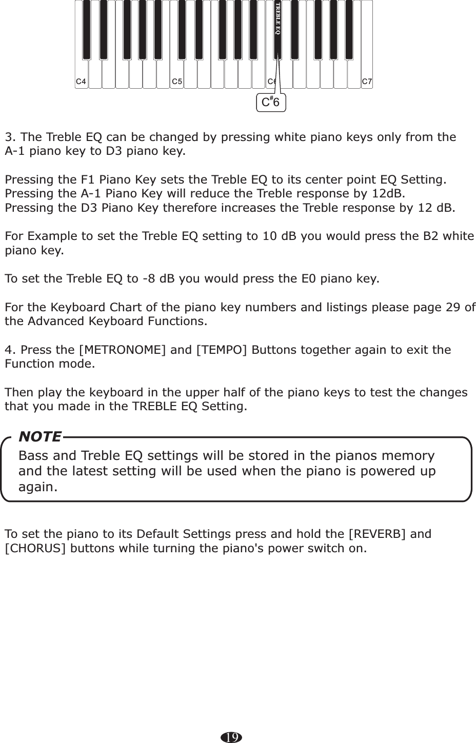 3. The Treble EQ can be changed by pressing white piano keys only from the A-1 piano key to D3 piano key. Pressing the F1 Piano Key sets the Treble EQ to its center point EQ Setting. Pressing the A-1 Piano Key will reduce the Treble response by 12dB. Pressing the D3 Piano Key therefore increases the Treble response by 12 dB. For Example to set the Treble EQ setting to 10 dB you would press the B2 white piano key.   To set the Treble EQ to -8 dB you would press the E0 piano key. For the Keyboard Chart of the piano key numbers and listings please page 29 of the Advanced Keyboard Functions. 4. Press the [METRONOME] and [TEMPO] Buttons together again to exit the Function mode.Then play the keyboard in the upper half of the piano keys to test the changes that you made in the TREBLE EQ Setting.To set the piano to its Default Settings press and hold the [REVERB] and [CHORUS] buttons while turning the piano&apos;s power switch on.  Bass and Treble EQ settings will be stored in the pianos memory and the latest setting will be used when the piano is powered up again.   NOTE19C4 C5 C7C6TREBLE EQ#C6